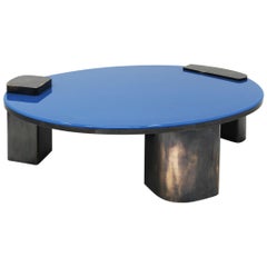 Black Oxidized Copper Base Oval Low Coffee Table with Blue Pigment Resin Top