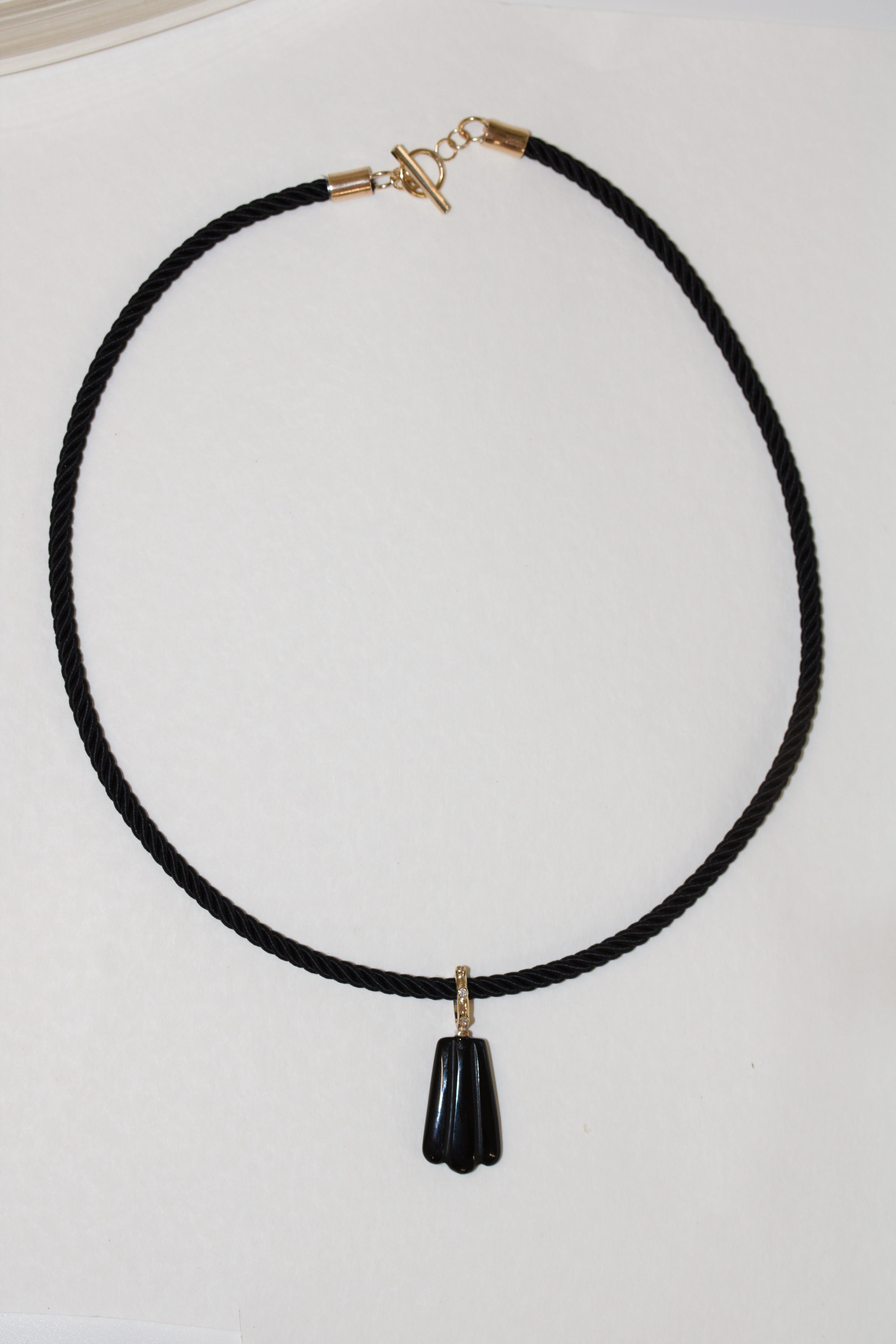 Art Deco Black Oynx and Diamond Shell Pendant Necklace - 9kt Gold & Silk Rope For Sale