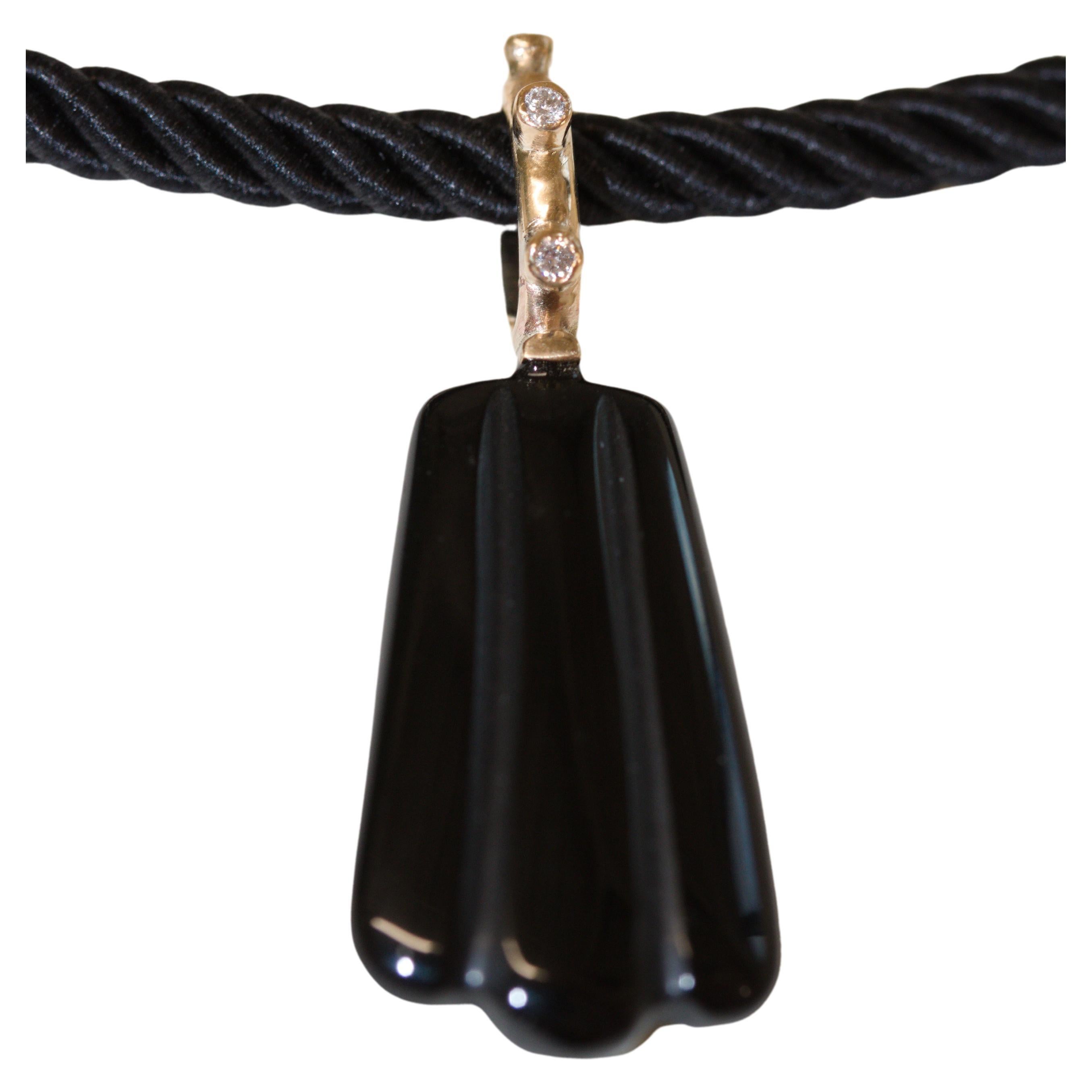 Black Oynx and Diamond Shell Pendant Necklace - 9kt Gold & Silk Rope