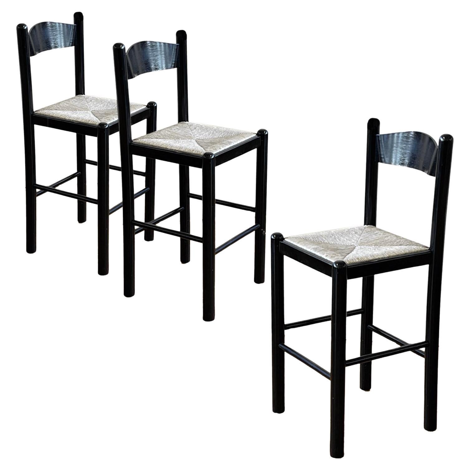 Black Padova Counter Stools w Rush Seats, Manner of Hank Lowenstein 2 Available