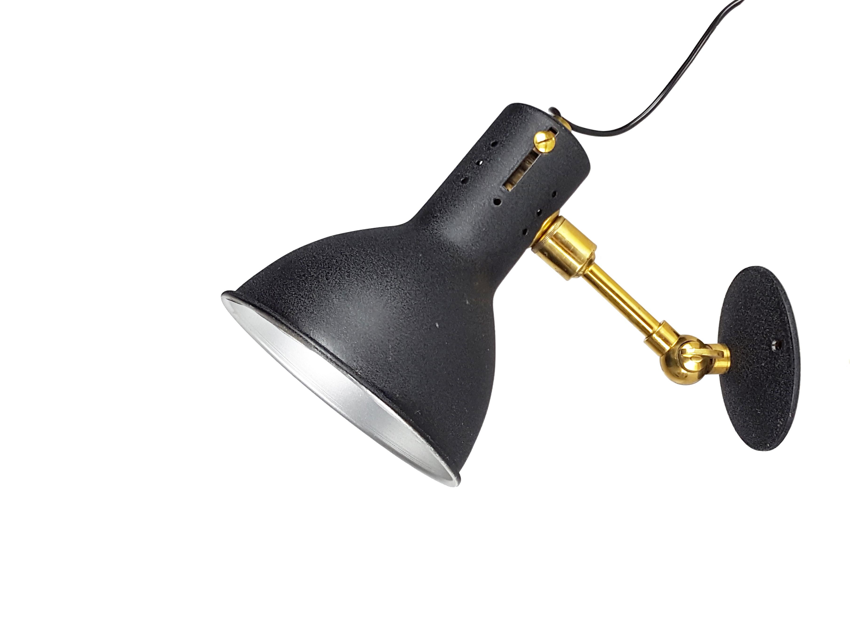 Mid-Century Modern Black Painted Aluminum & Brass Mid-Century Adjustable Wall Lamps For Sale