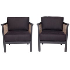 Black Painted Armchair with Caned Sides, Upholstered in Black Linen