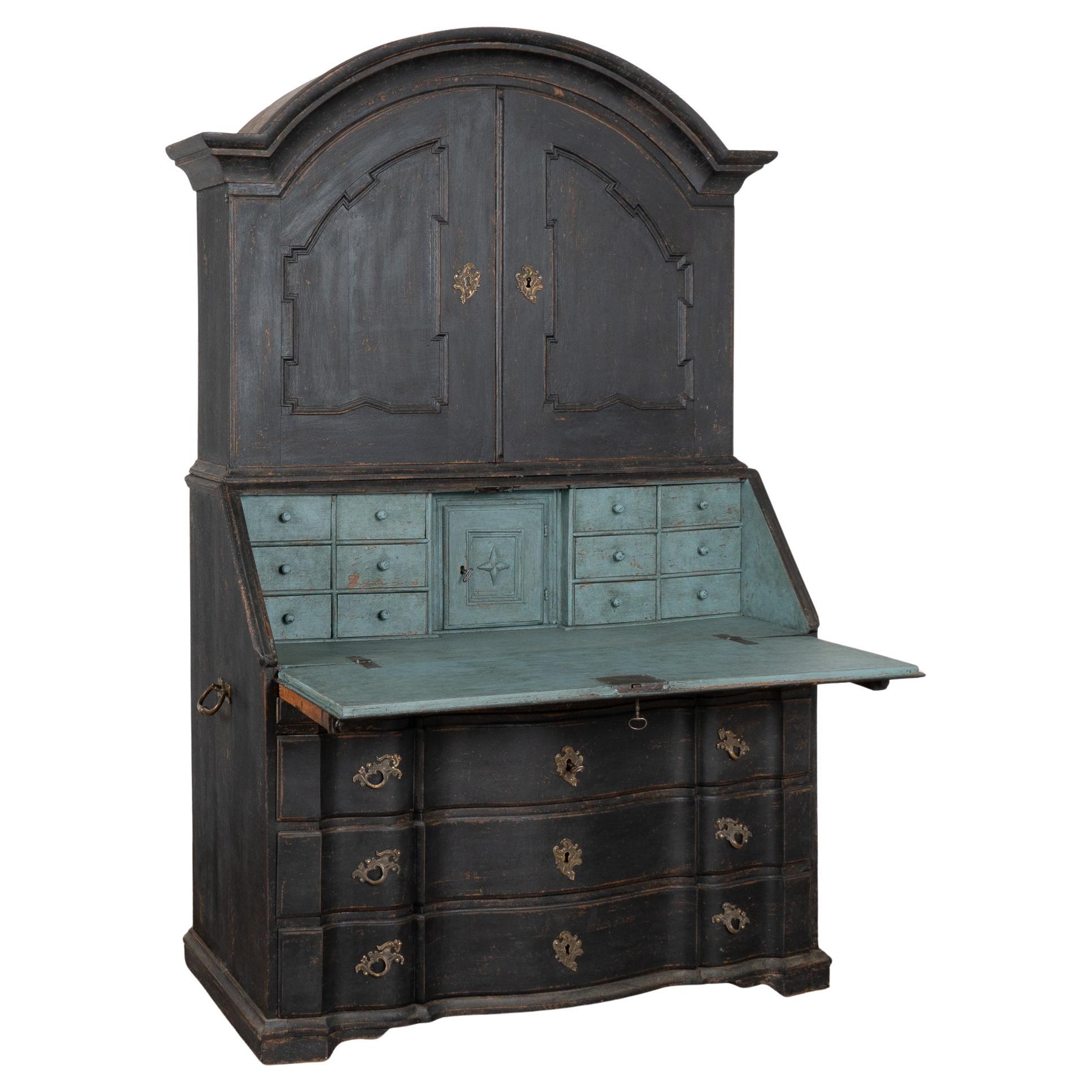 Black Painted Baroque Swedish Oak Secretary Bureau, circa 1780-1810