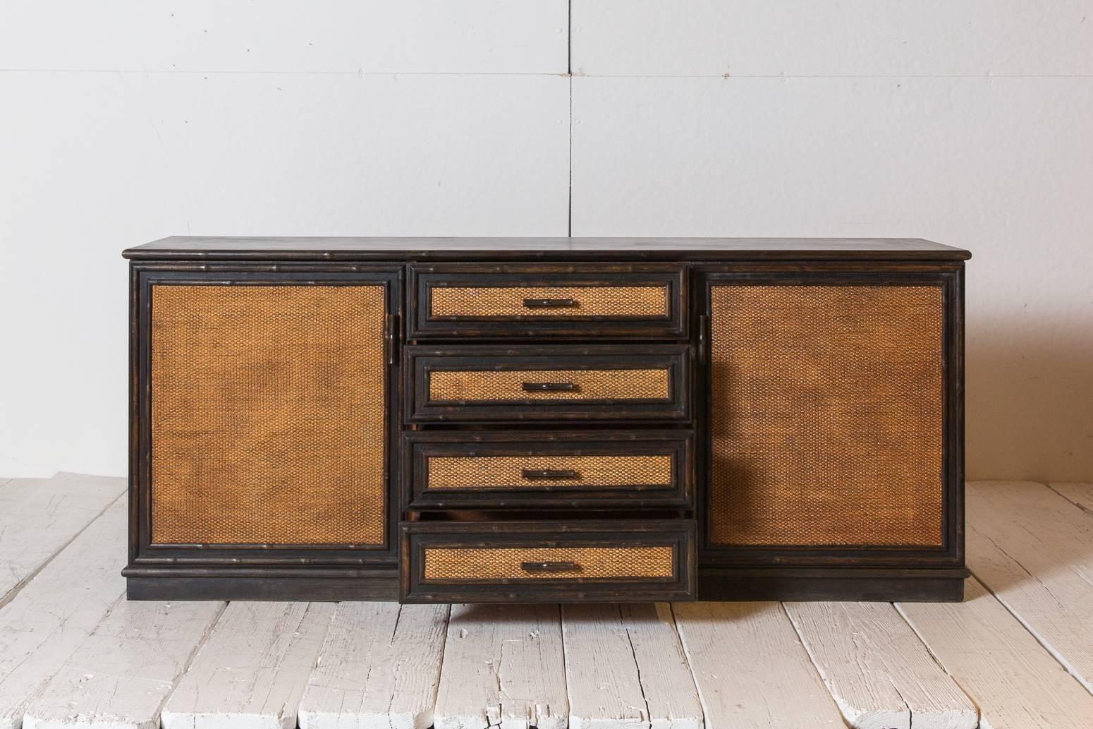 Black Painted Buffet with Bamboo Trim and Caned Details In Distressed Condition In Los Angeles, CA