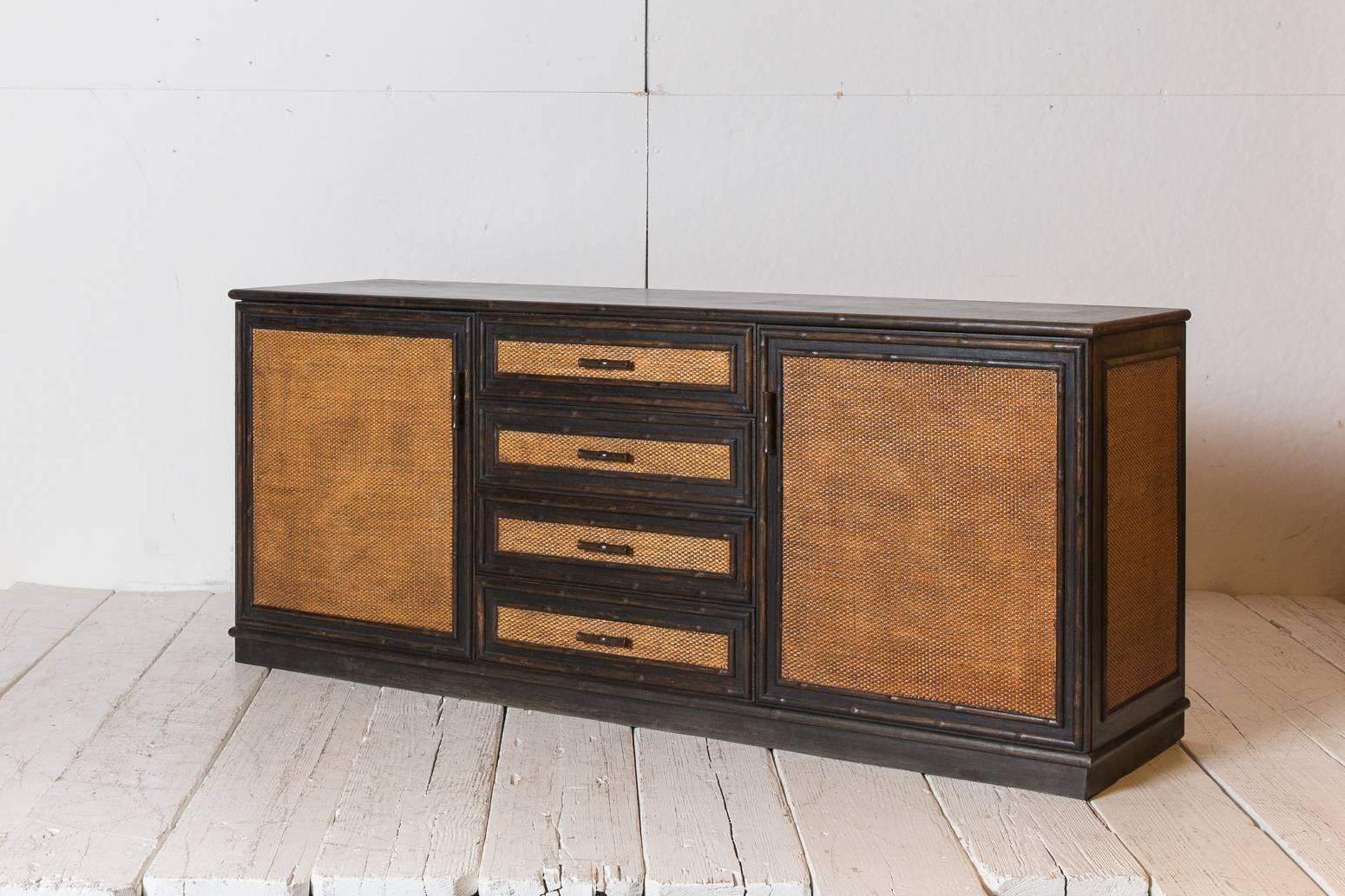 Mid-20th Century Black Painted Buffet with Bamboo Trim and Caned Details