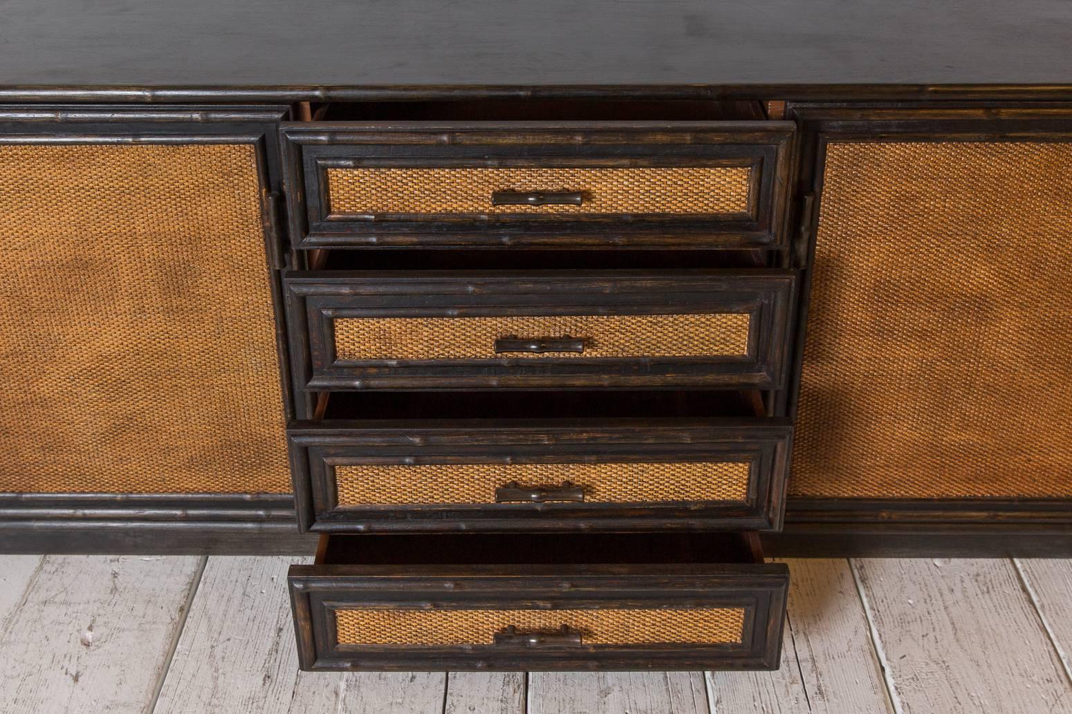 Black Painted Buffet with Bamboo Trim and Caned Details 2