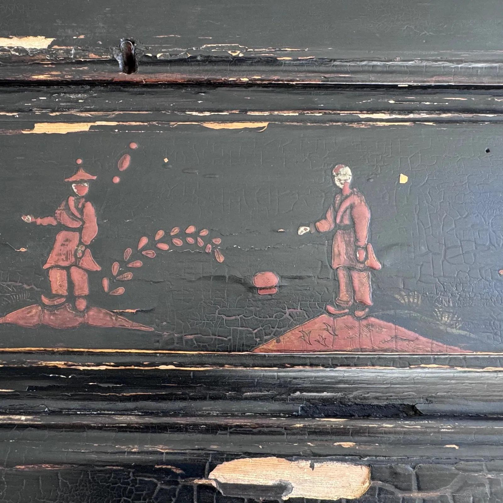 Black Painted Chinoiserie Drop Front Secretary Writing Desk For Sale 3