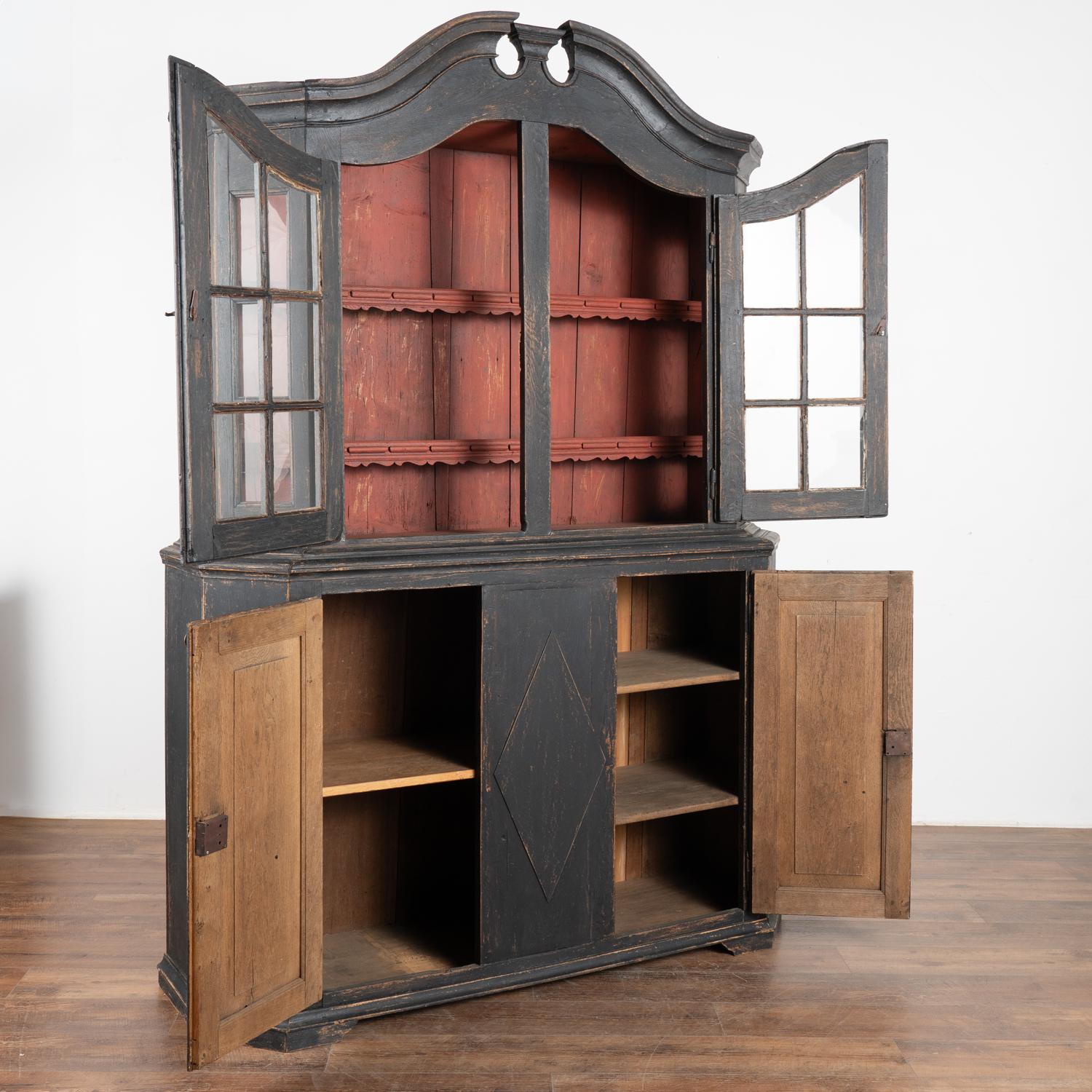 Country Black Painted Display Cabinet Bookcase with Glass Doors, Denmark circa 1770 For Sale