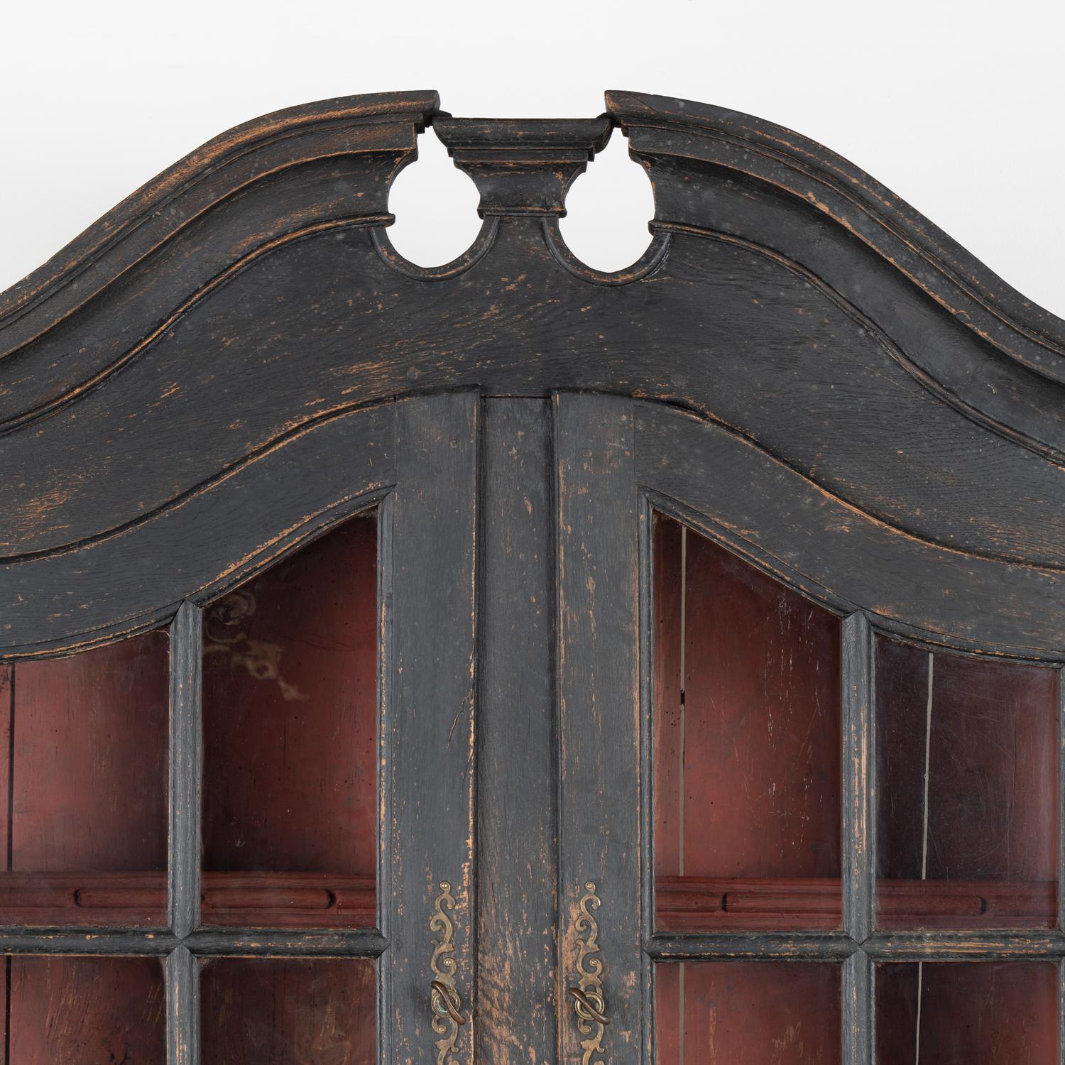 18th Century Black Painted Display Cabinet Bookcase with Glass Doors, Denmark circa 1770 For Sale