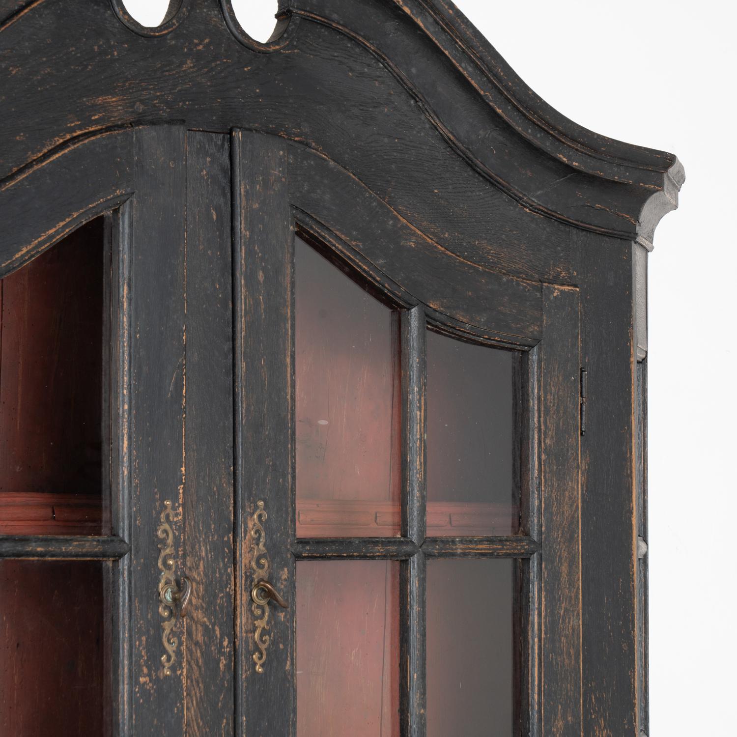 Brass Black Painted Display Cabinet Bookcase with Glass Doors, Denmark circa 1770 For Sale
