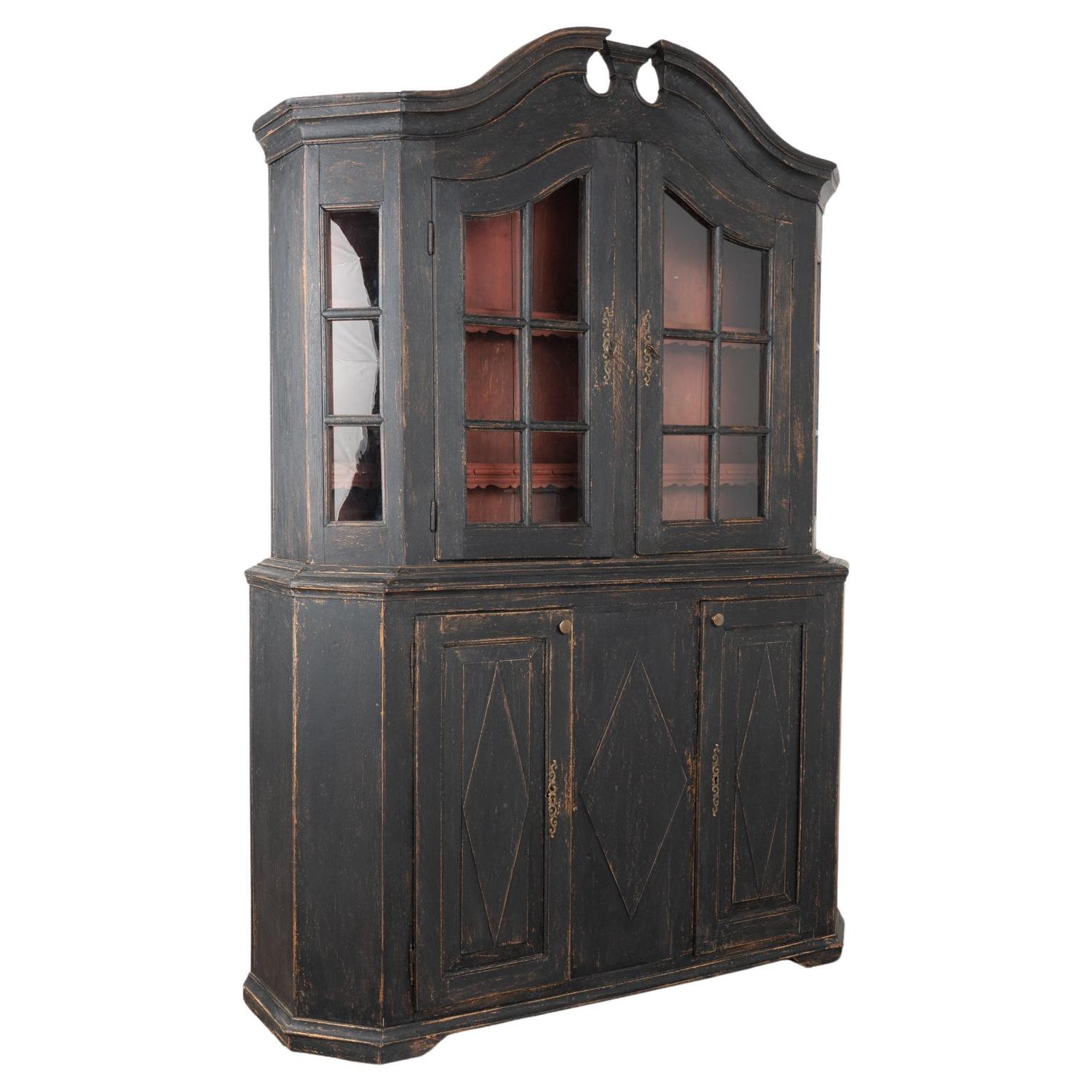 Black Painted Display Cabinet Bookcase with Glass Doors, Denmark circa 1770 For Sale