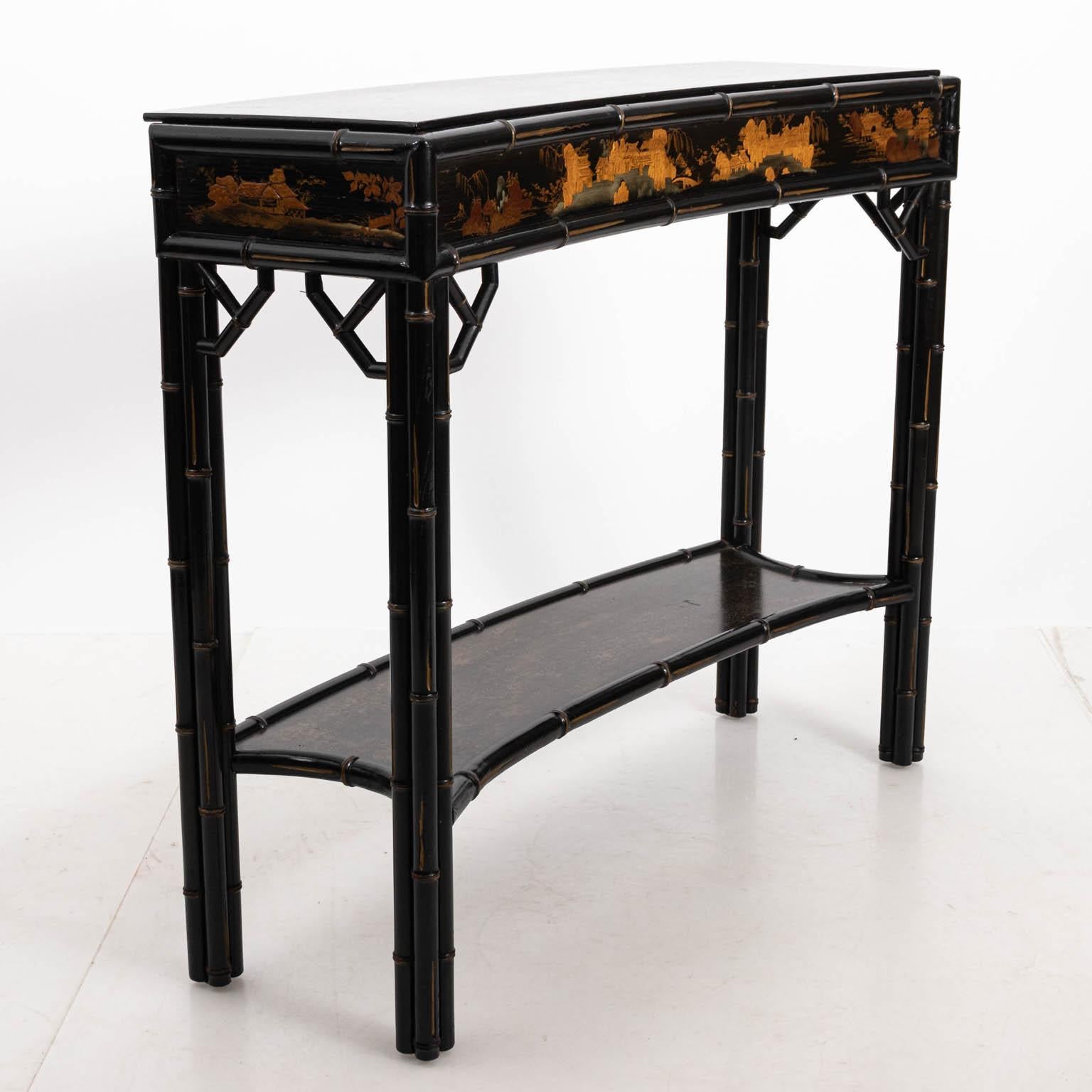 Black Painted Faux Bamboo Hollywood Regency Style Console In Good Condition In Stamford, CT