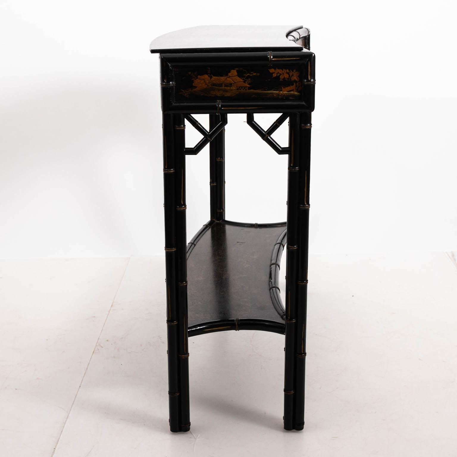 20th Century Black Painted Faux Bamboo Hollywood Regency Style Console