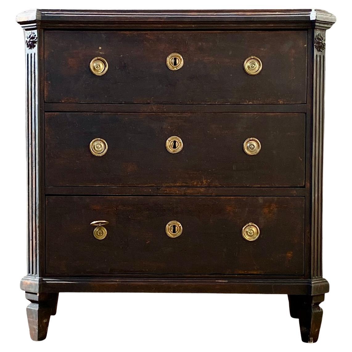 Swedish Black Painted Gustavian Chest of 3 Drawers, Sweden Early 19th Century For Sale