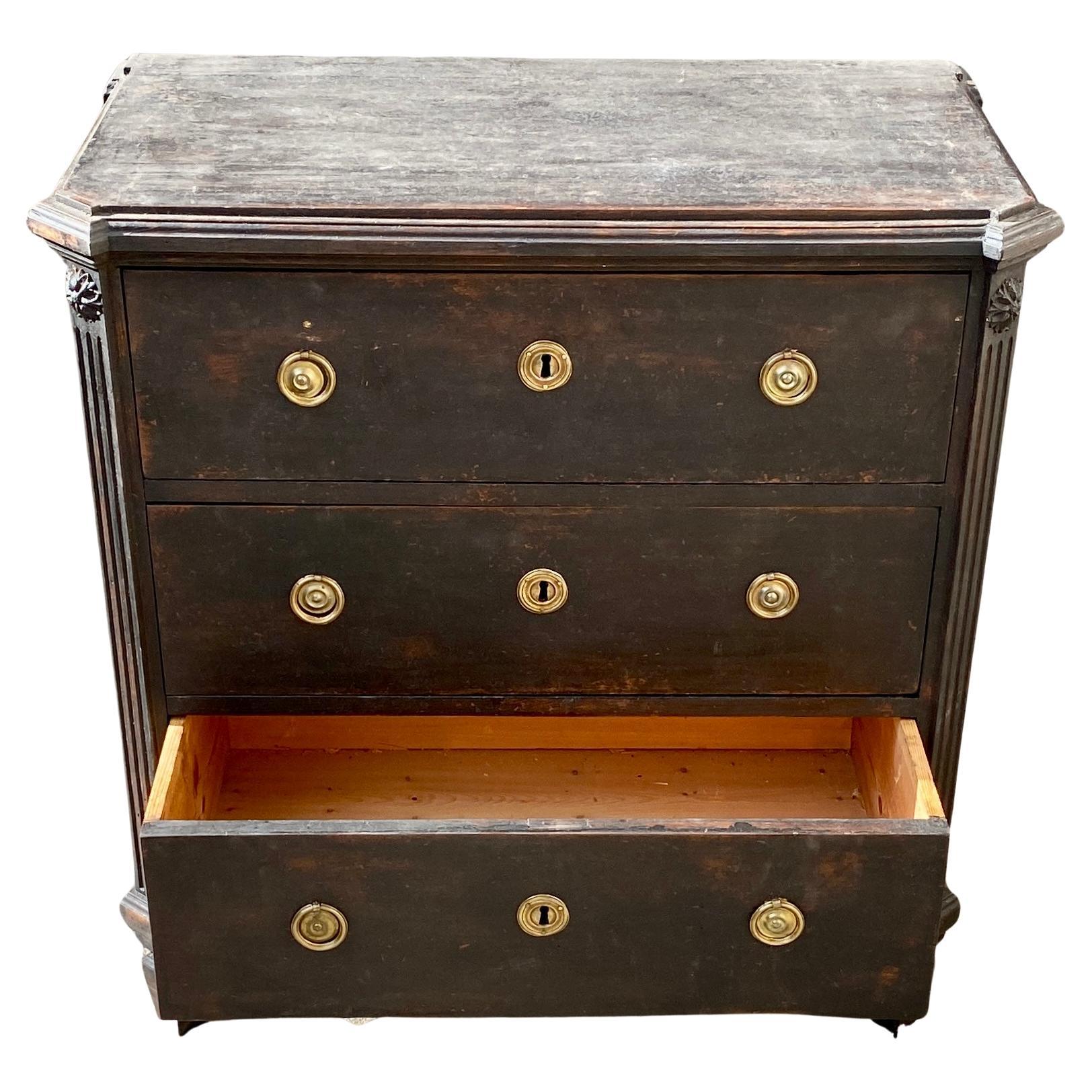 Hand-Crafted Black Painted Gustavian Chest of 3 Drawers, Sweden Early 19th Century For Sale