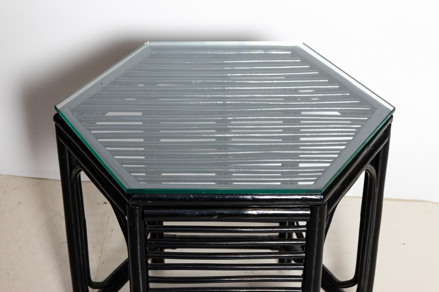 Black Painted Hexagonal Glass Top Side Table In Good Condition In Stamford, CT