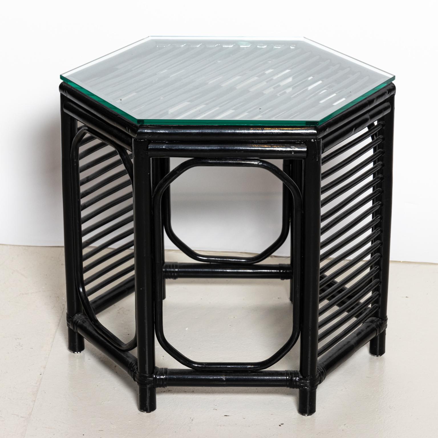 20th Century Black Painted Hexagonal Glass Top Side Table