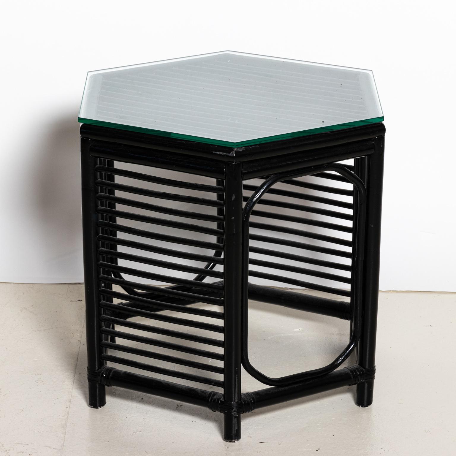 Rattan Black Painted Hexagonal Glass Top Side Table