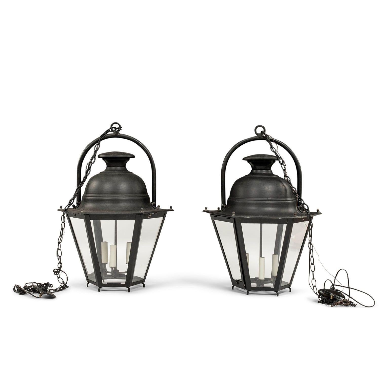 Black-painted hexagonal street lantern from the South of France. Newly wired for use within the USA using UL listed parts. Includes chain and canopy (listed height does not include chain). Two available and sold separately priced $4,800 each.

Note: