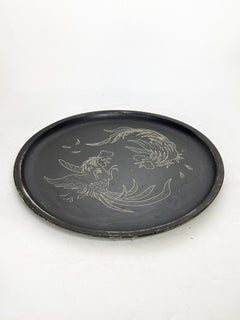 Black painted metal tray, white painted design, France, 1960