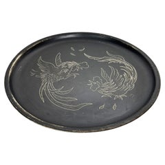 Black painted metal tray, white painted design, France, 1960