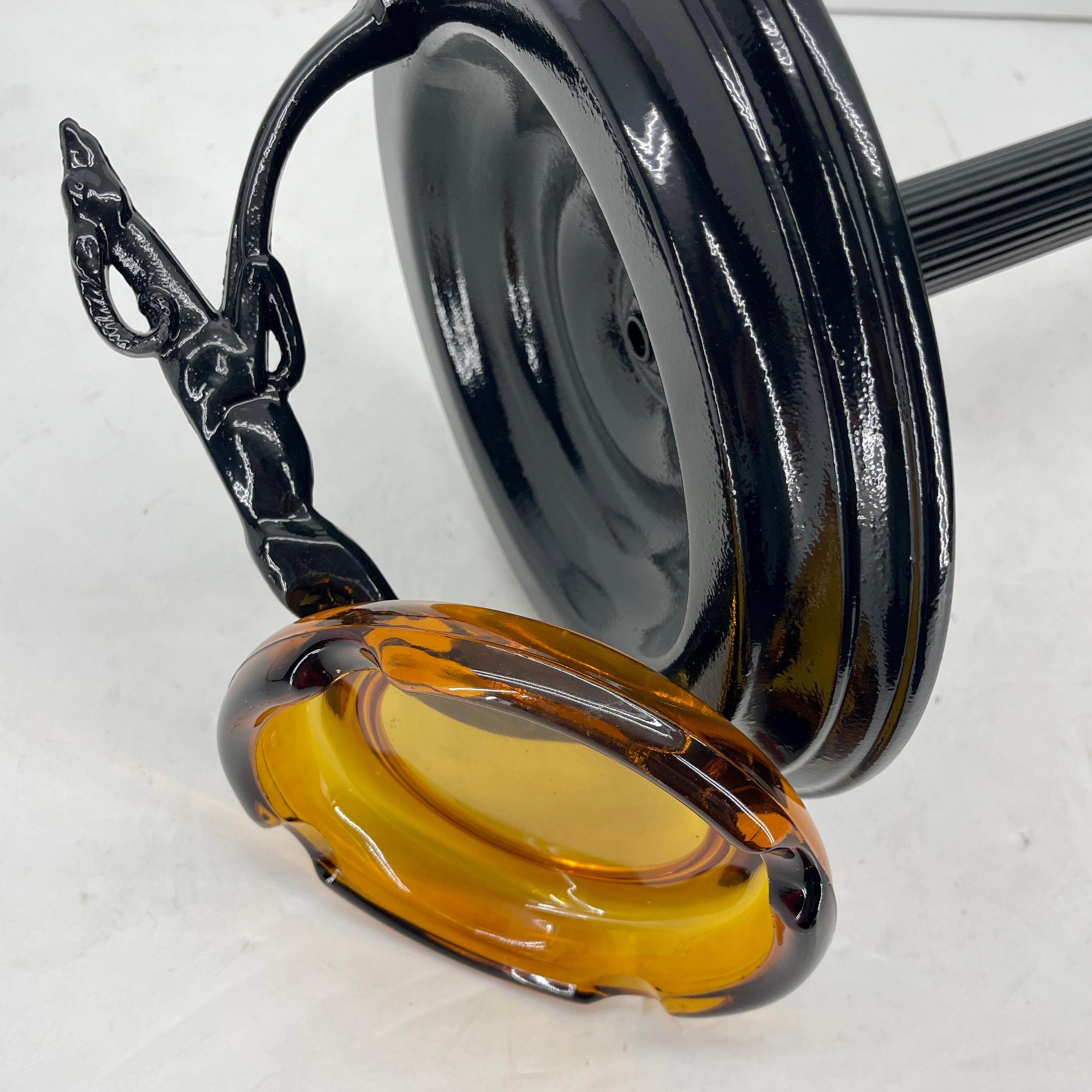Black Painted Midcentury Floor Ashtray with Ram Sculpture and Amber Glass Tray For Sale 6