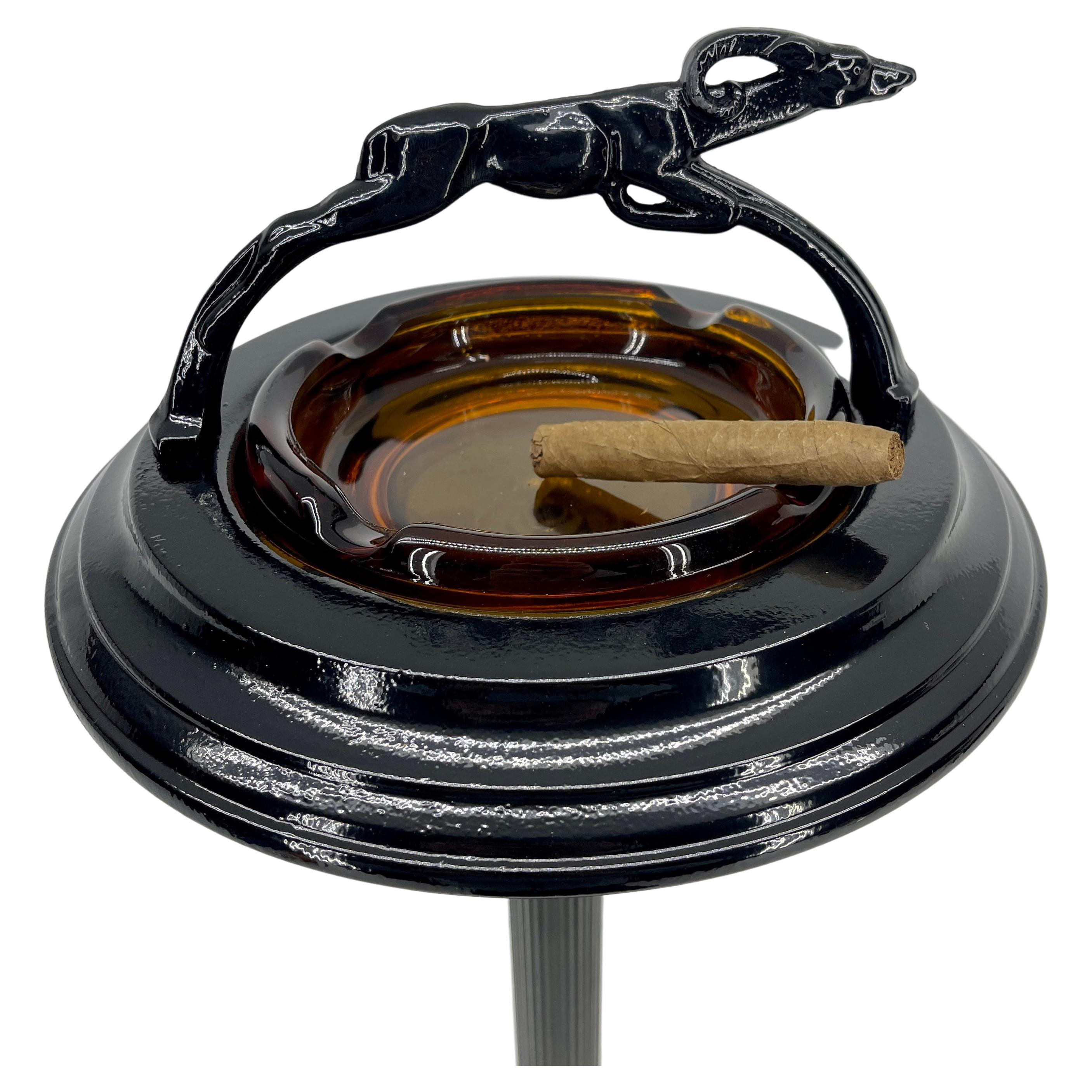 Mid-Century Modern Black Painted Midcentury Floor Ashtray with Ram Sculpture and Amber Glass Tray For Sale