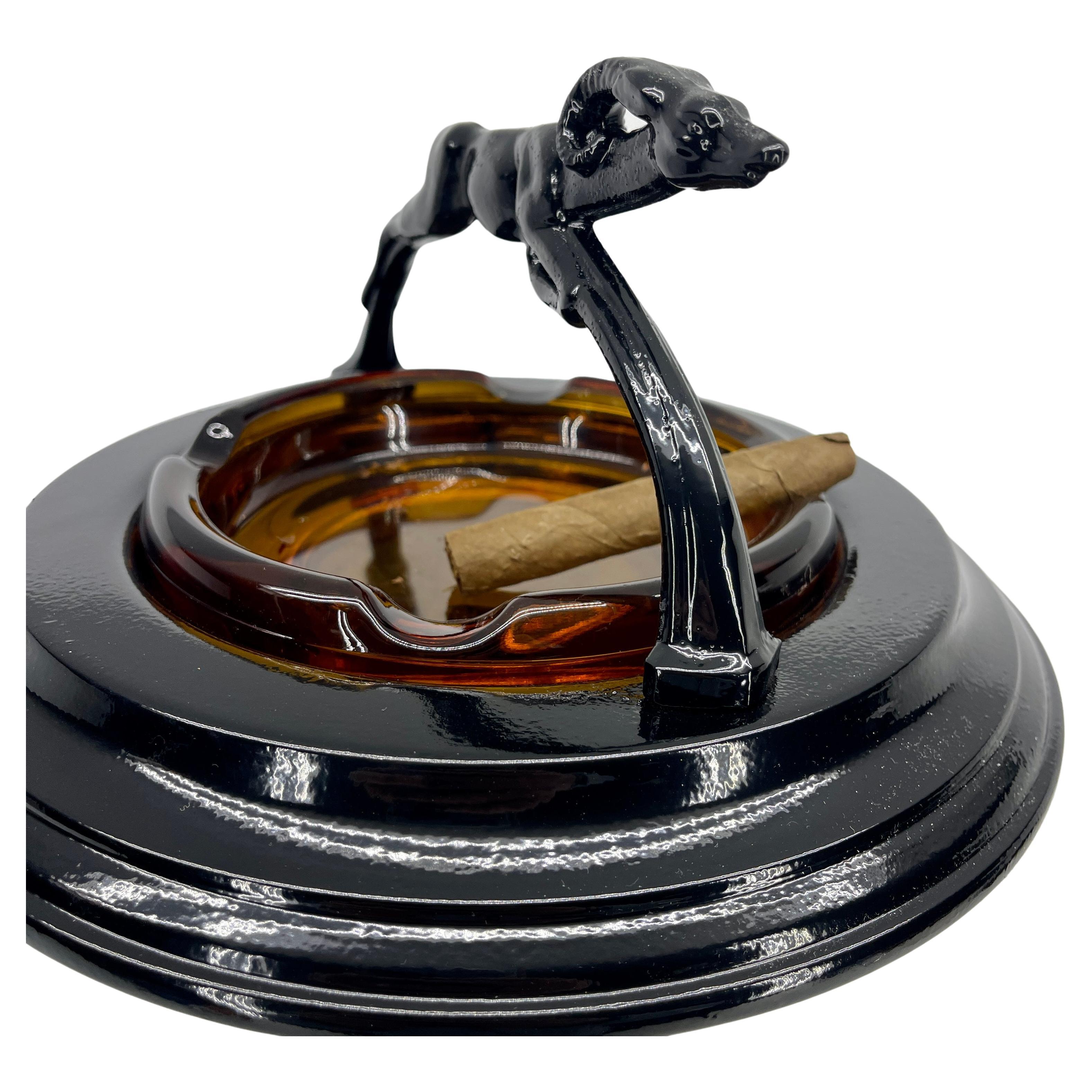 American Black Painted Midcentury Floor Ashtray with Ram Sculpture and Amber Glass Tray For Sale