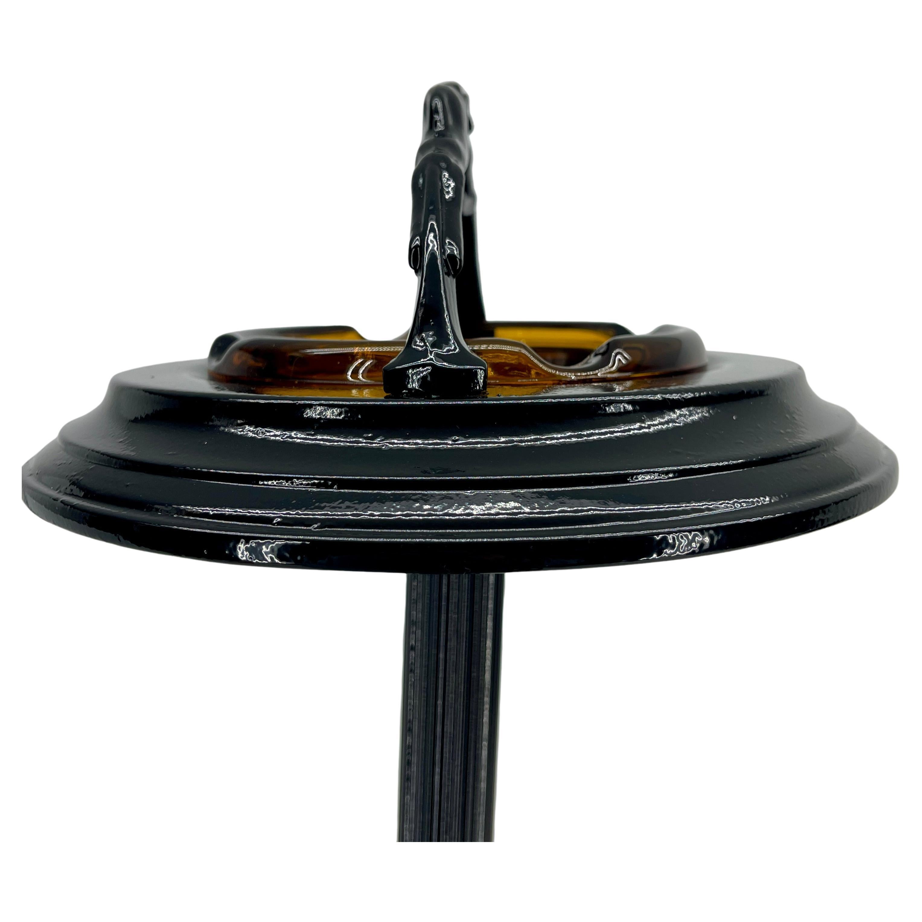 American Black Painted Midcentury Floor Ashtray with Ram Sculpture and Amber Glass Tray For Sale