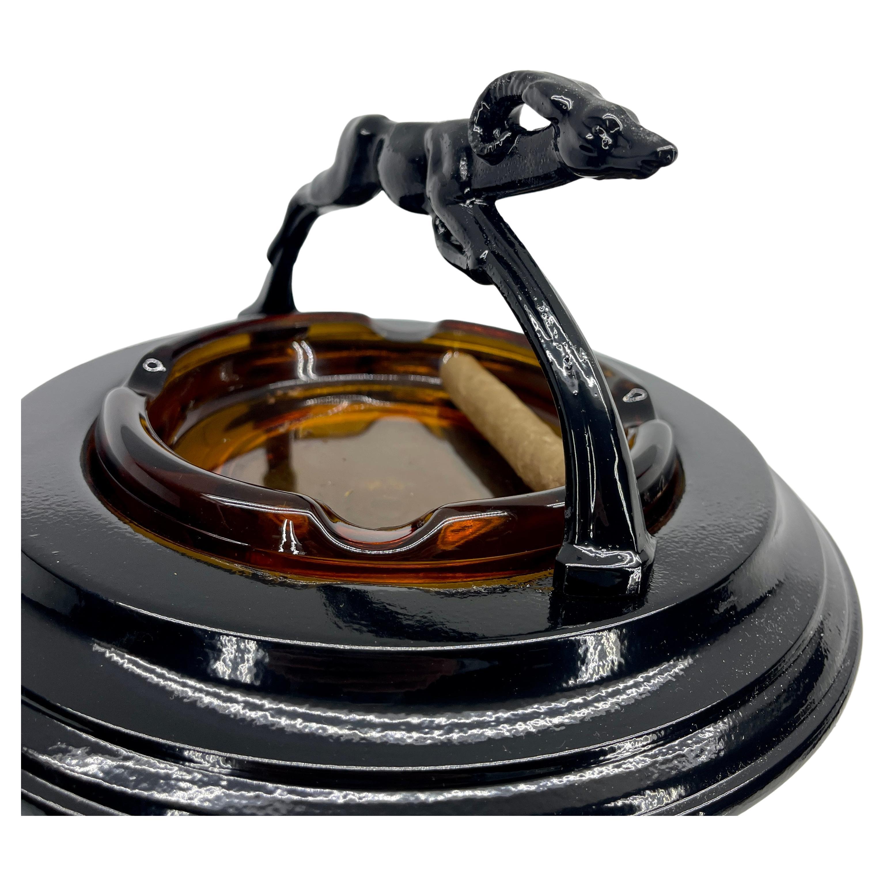 American Black Painted Midcentury Floor Ashtray with Ram Sculpture and Amber Glass Tray For Sale