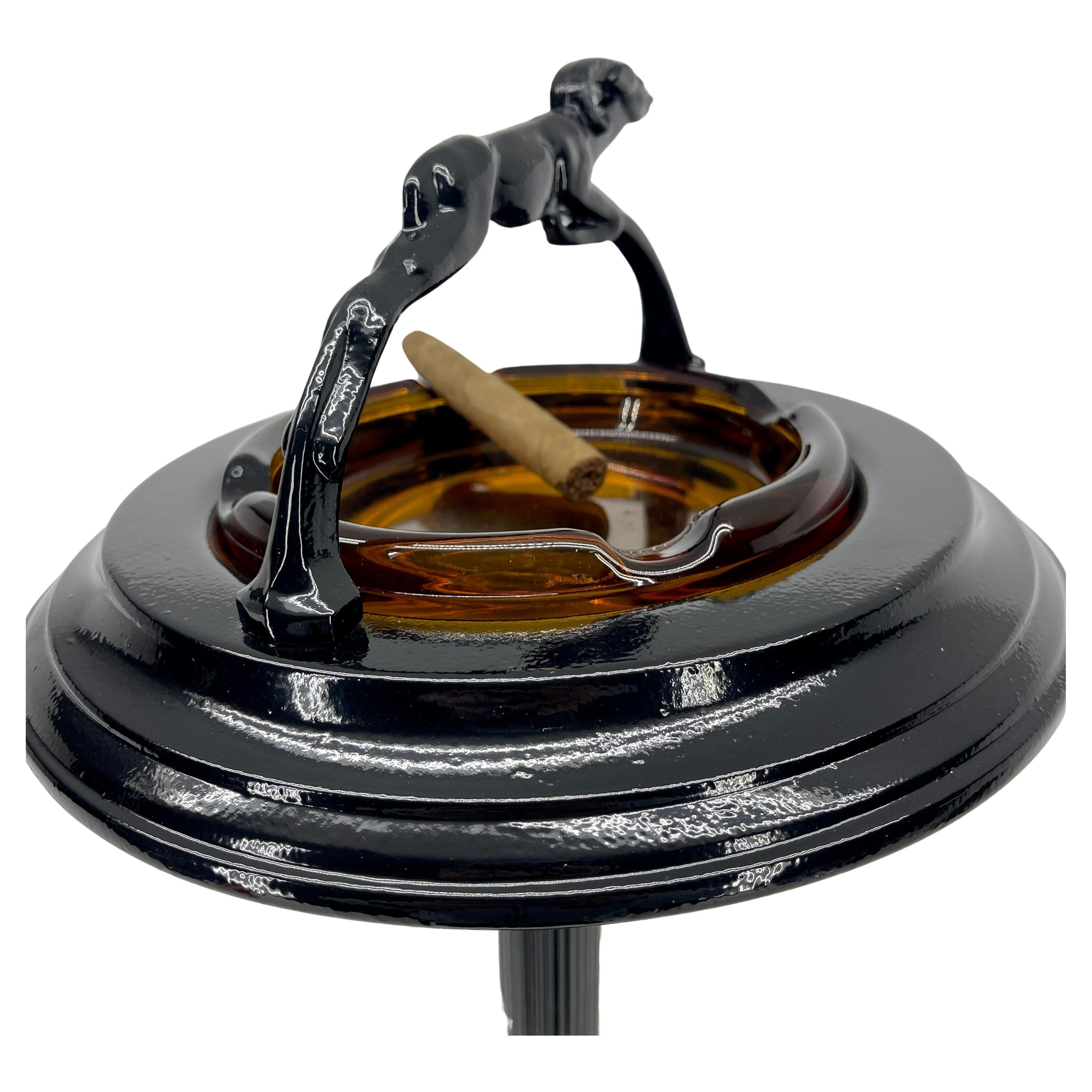 Metal Black Painted Midcentury Floor Ashtray with Ram Sculpture and Amber Glass Tray For Sale