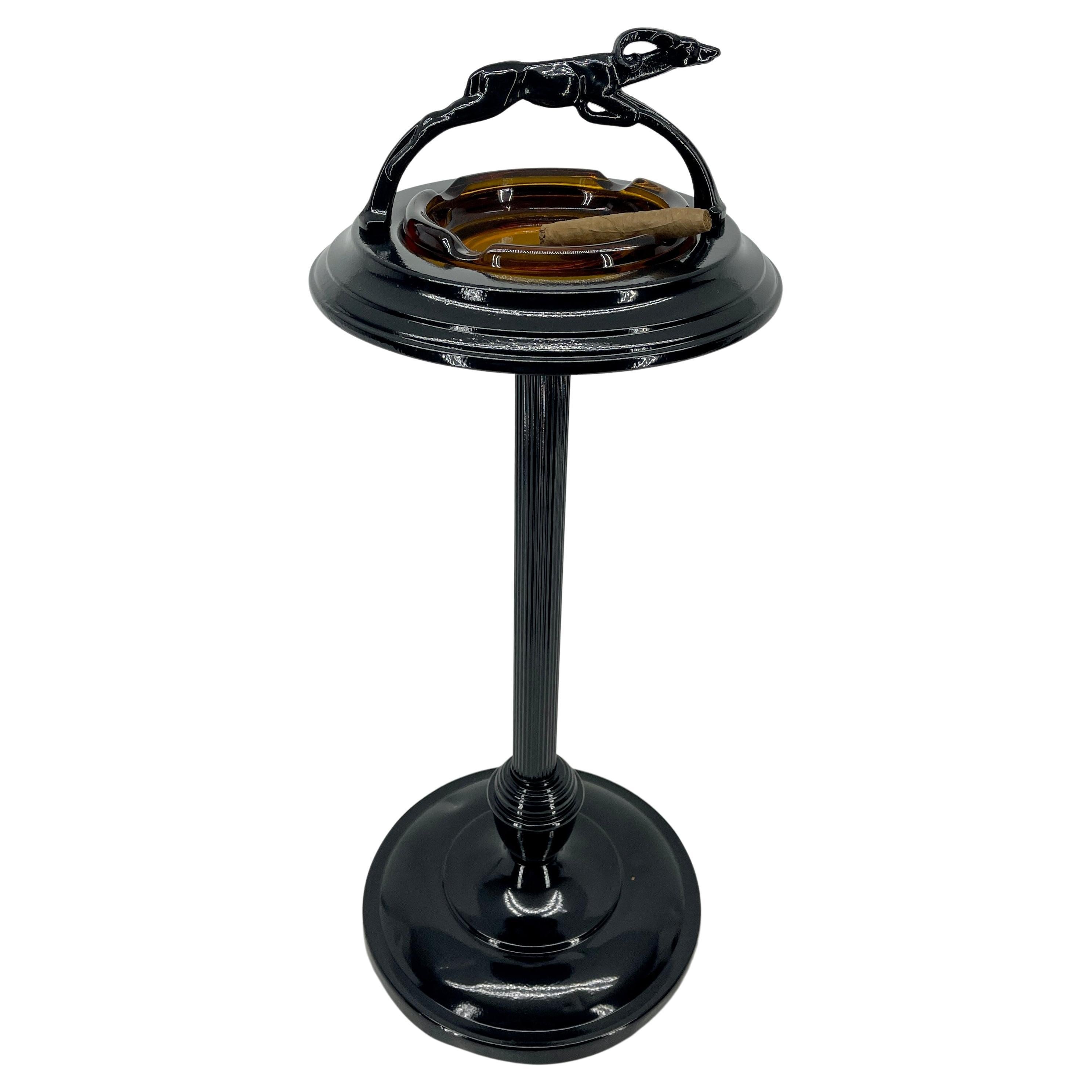 Black Painted Midcentury Floor Ashtray with Ram Sculpture and Amber Glass Tray For Sale