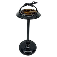 Black Painted Midcentury Floor Ashtray with Ram Sculpture and Amber Glass Tray