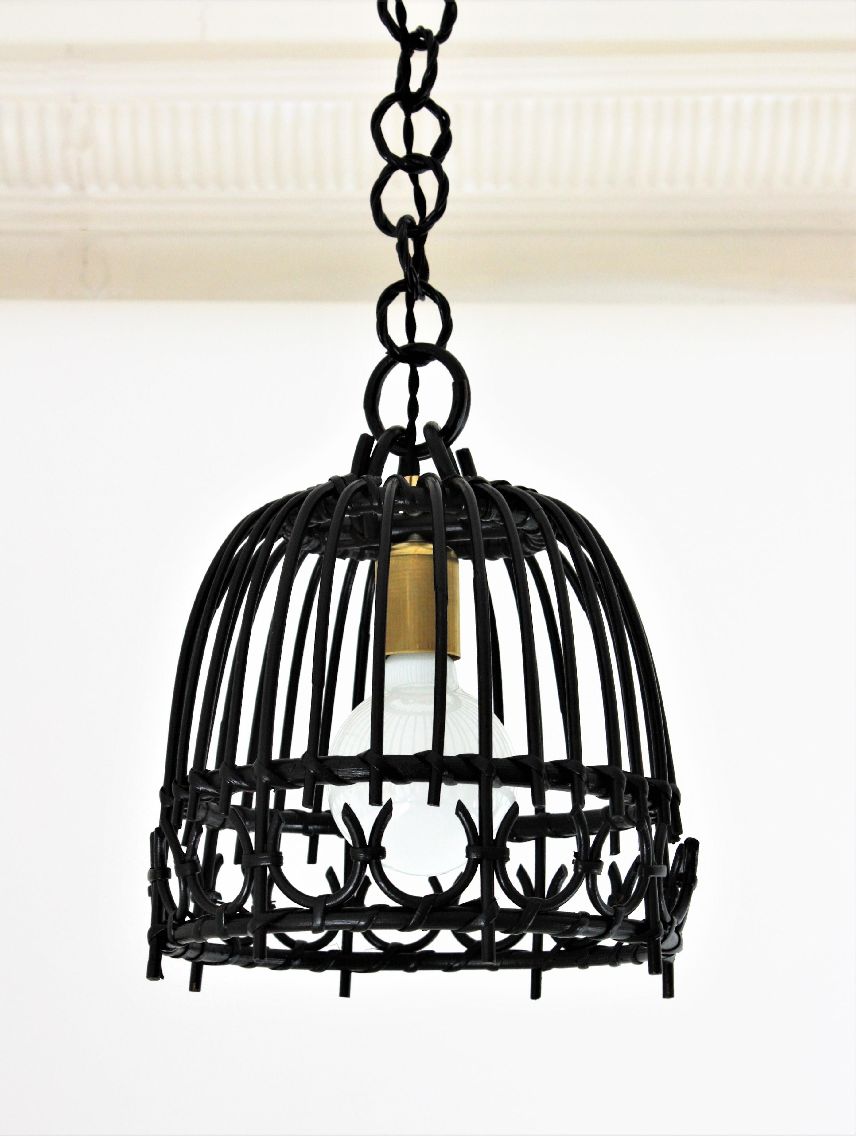 Bamboo Rattan Bell Pendant or Hanging Light in Black Patina, Spain, 1960s For Sale