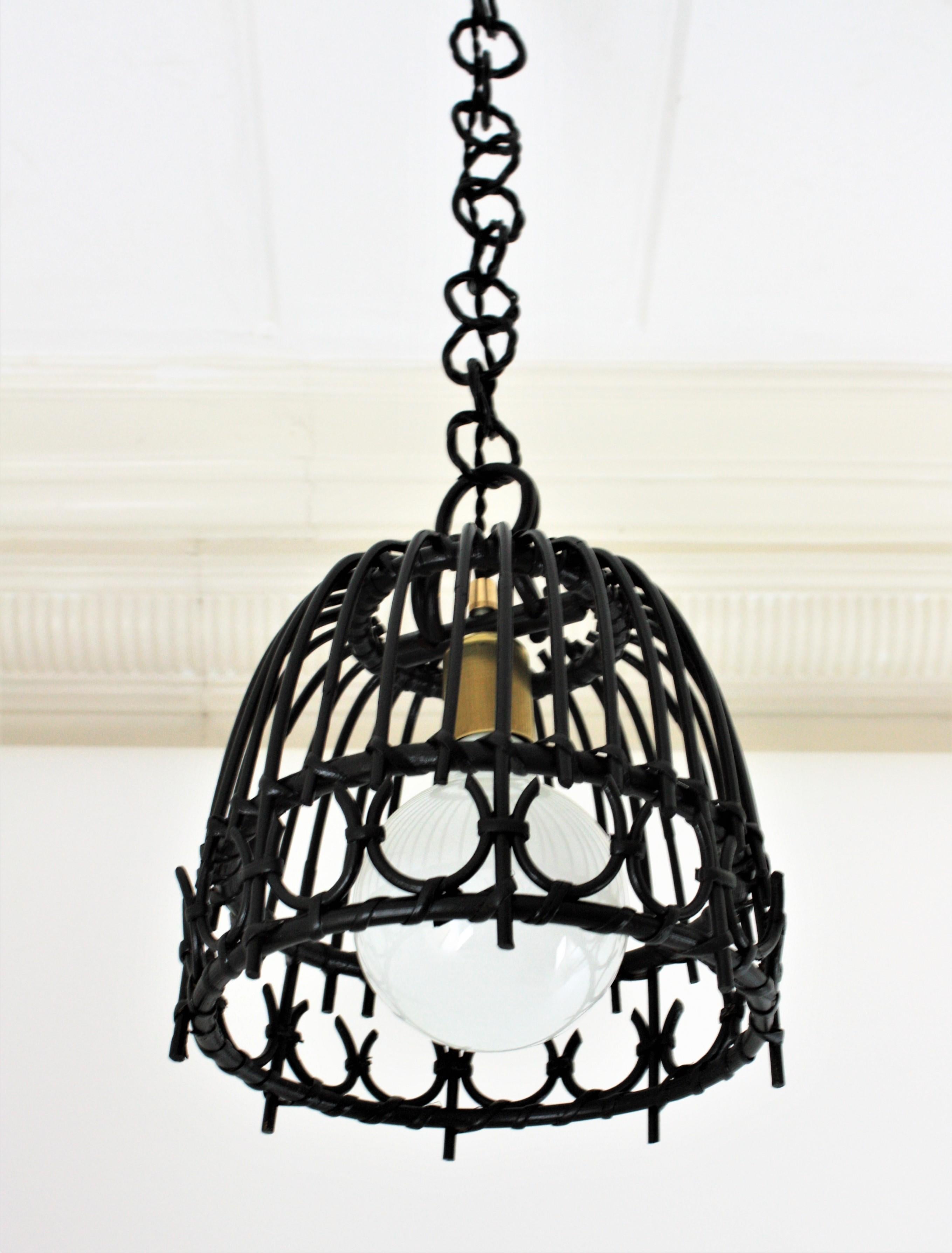 Rattan Black Painted Bell Pendant Hanging Light / Lantern, Spain, 1960s For Sale 1