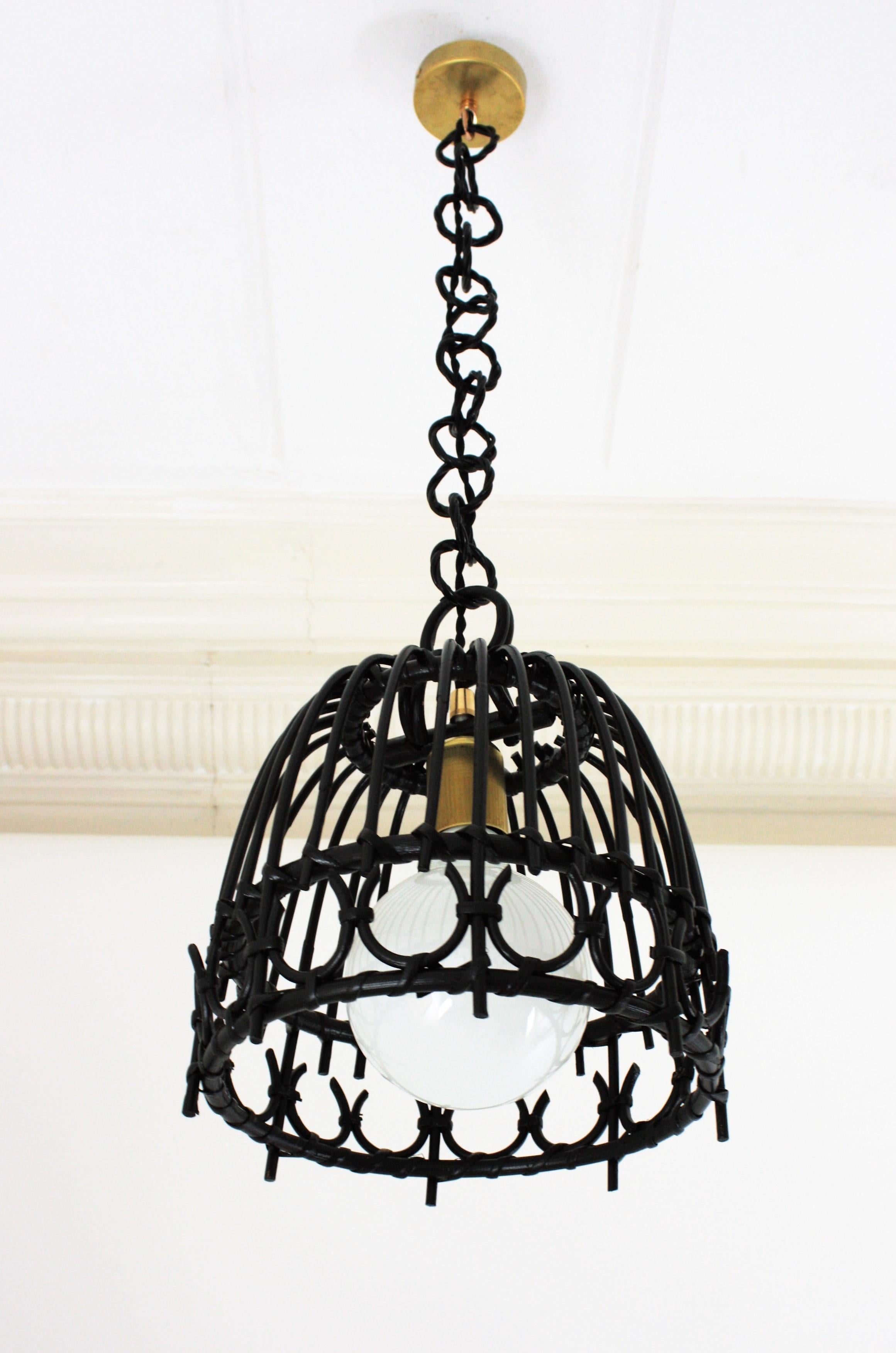 Rattan Bell Pendant or Hanging Light in Black Patina, Spain, 1960s For Sale 2