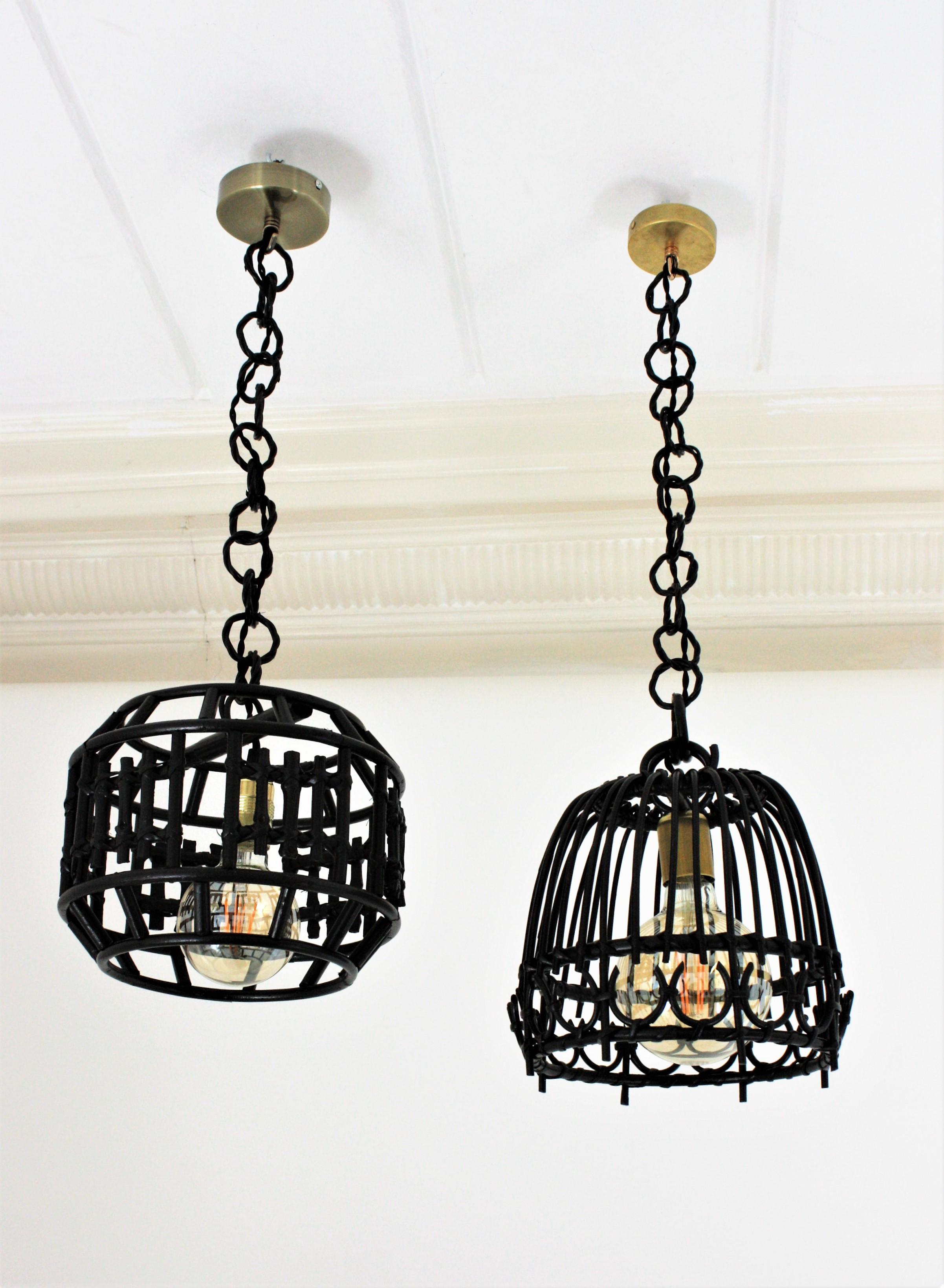 Rattan Bell Pendant or Hanging Light in Black Patina, Spain, 1960s For Sale 3