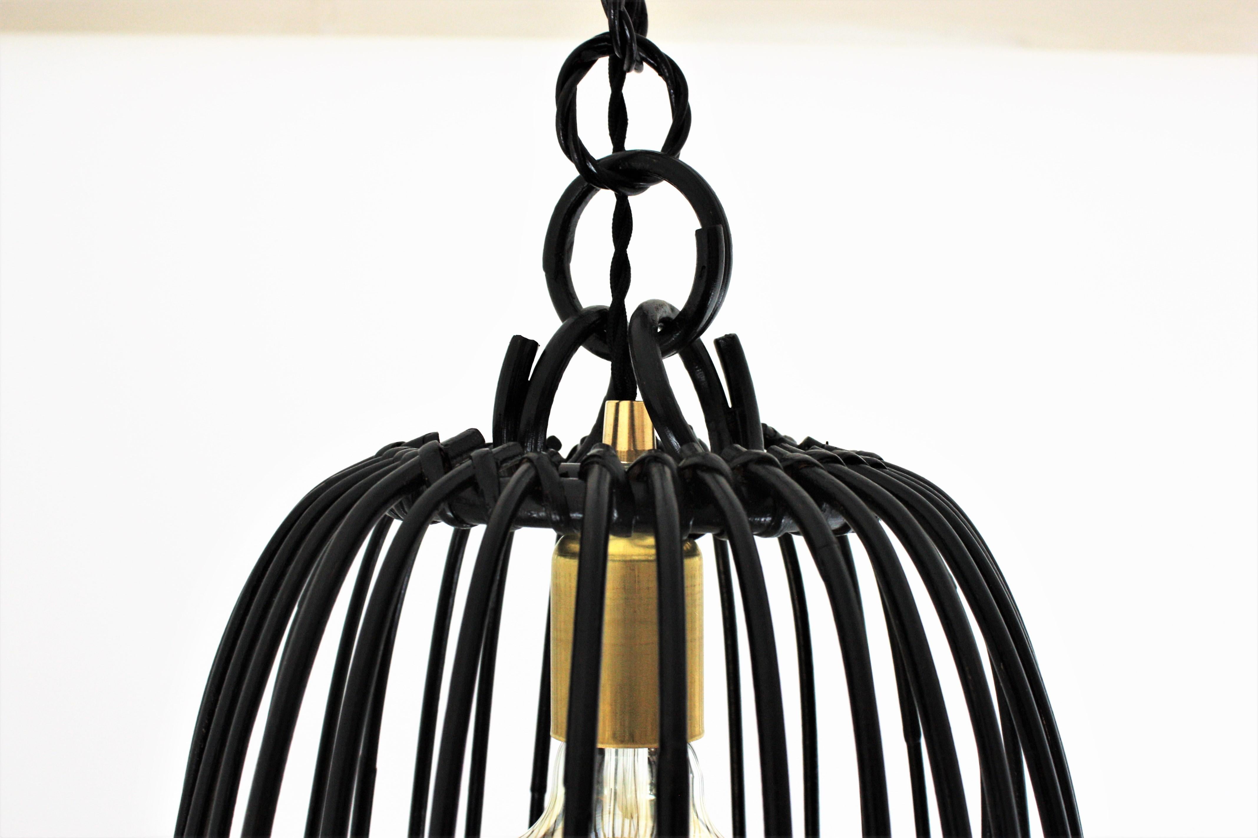 Rattan Black Painted Bell Pendant Hanging Light / Lantern, Spain, 1960s For Sale 5