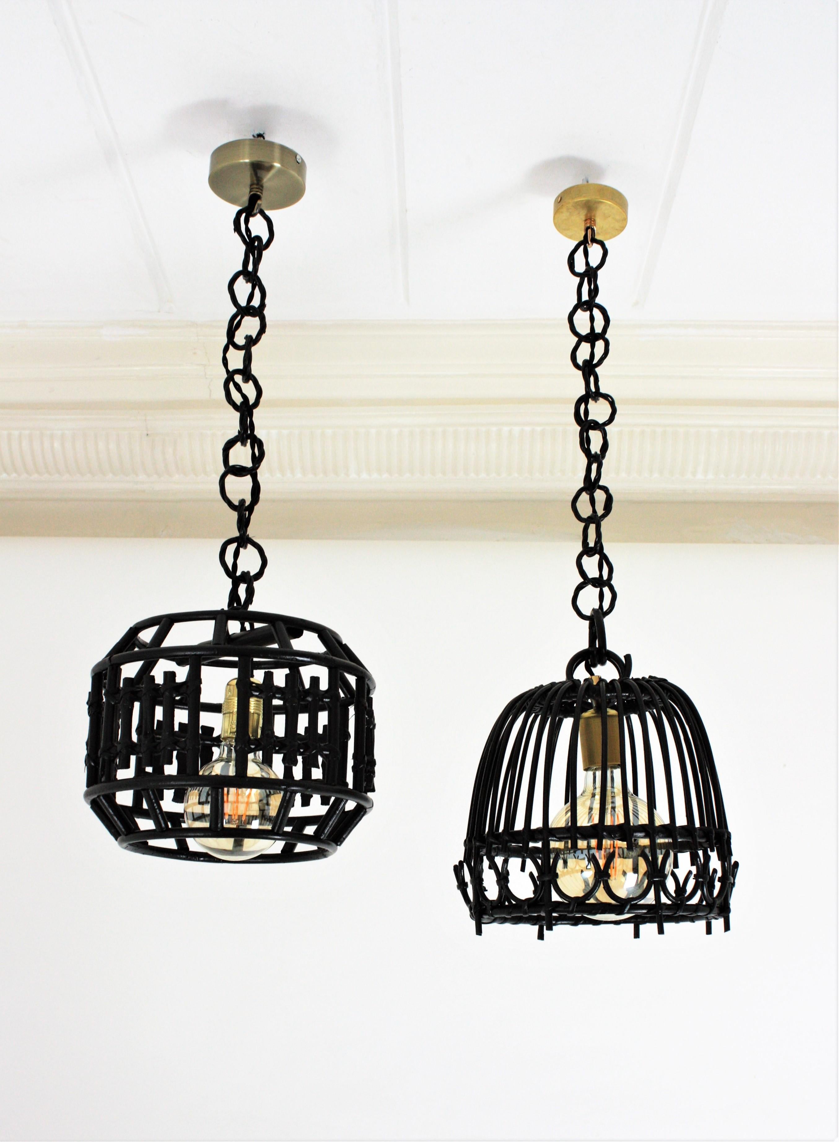 Rattan Black Painted Bell Pendant Hanging Light / Lantern, Spain, 1960s For Sale 6