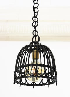 Spanish Rattan Bell Pendant Hanging Light / Lantern in Black Patina