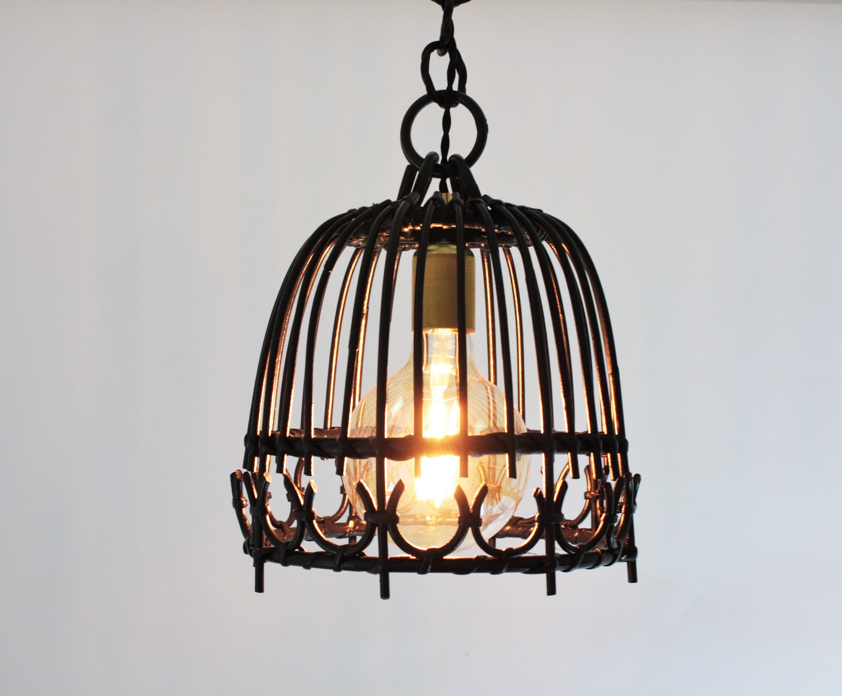 Mid-Century Modern Rattan Black Painted Bell Pendant Hanging Light / Lantern, Spain, 1960s For Sale