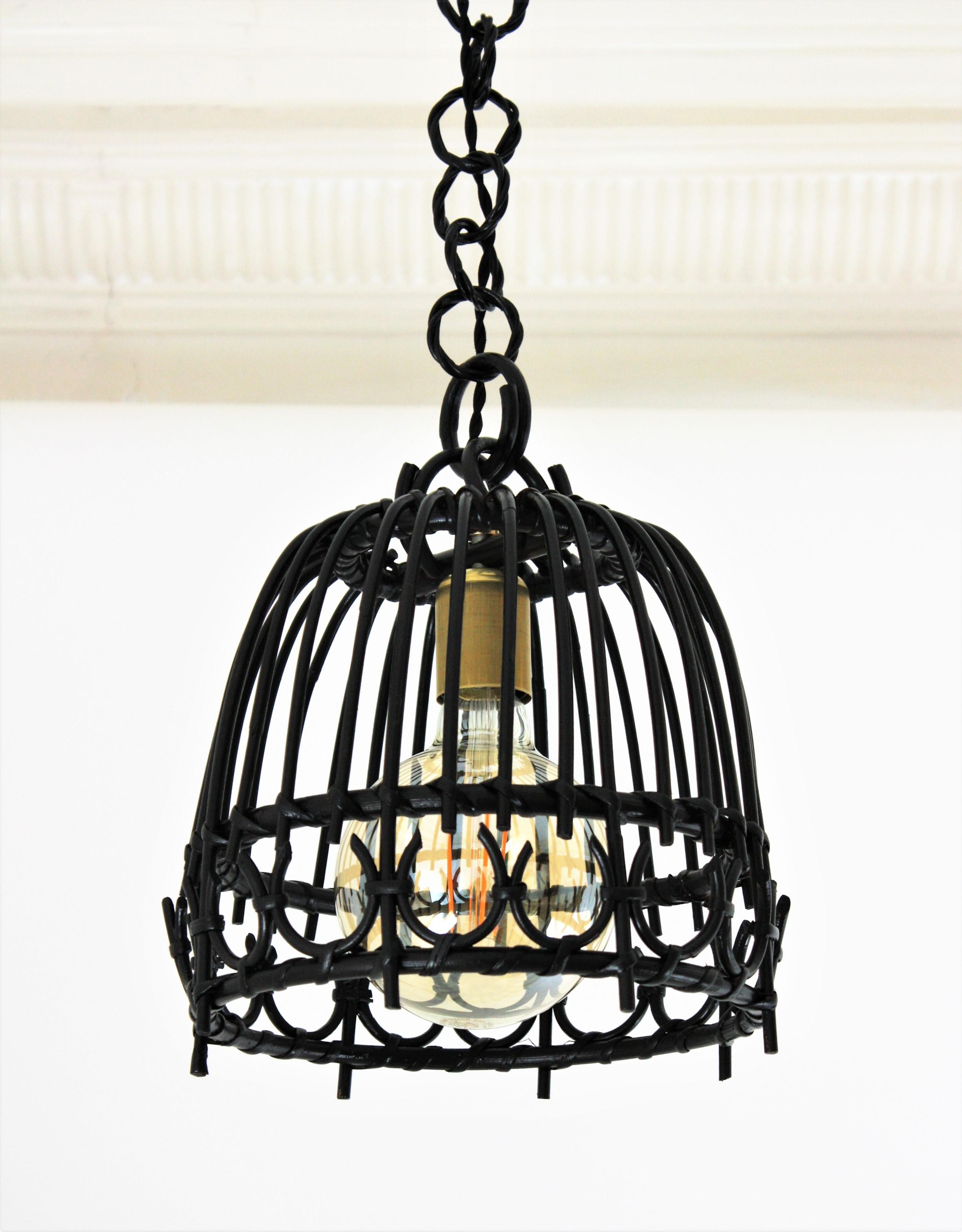 Spanish Rattan Black Painted Bell Pendant Hanging Light / Lantern, Spain, 1960s For Sale