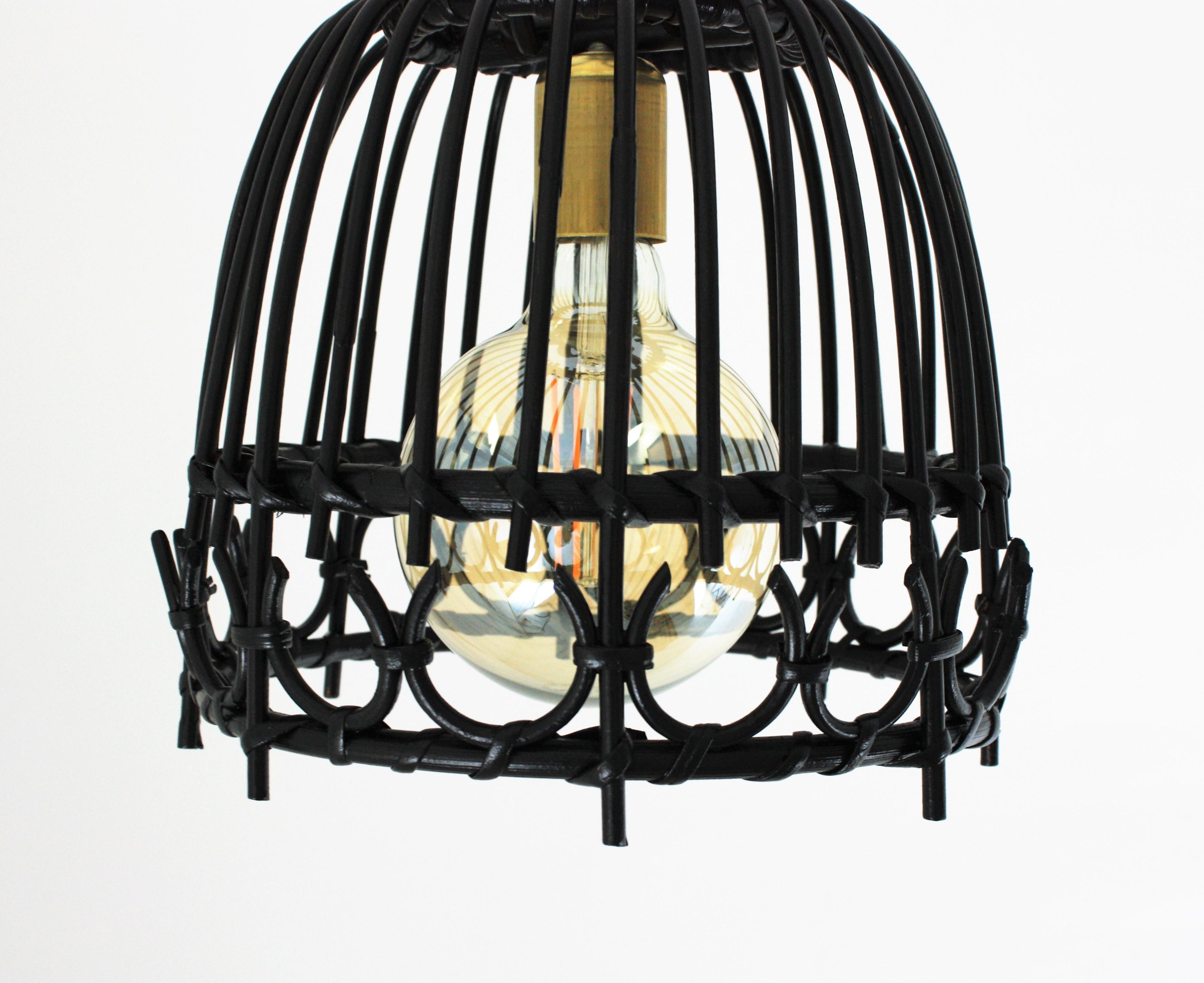 20th Century Rattan Black Painted Bell Pendant Hanging Light / Lantern, Spain, 1960s For Sale