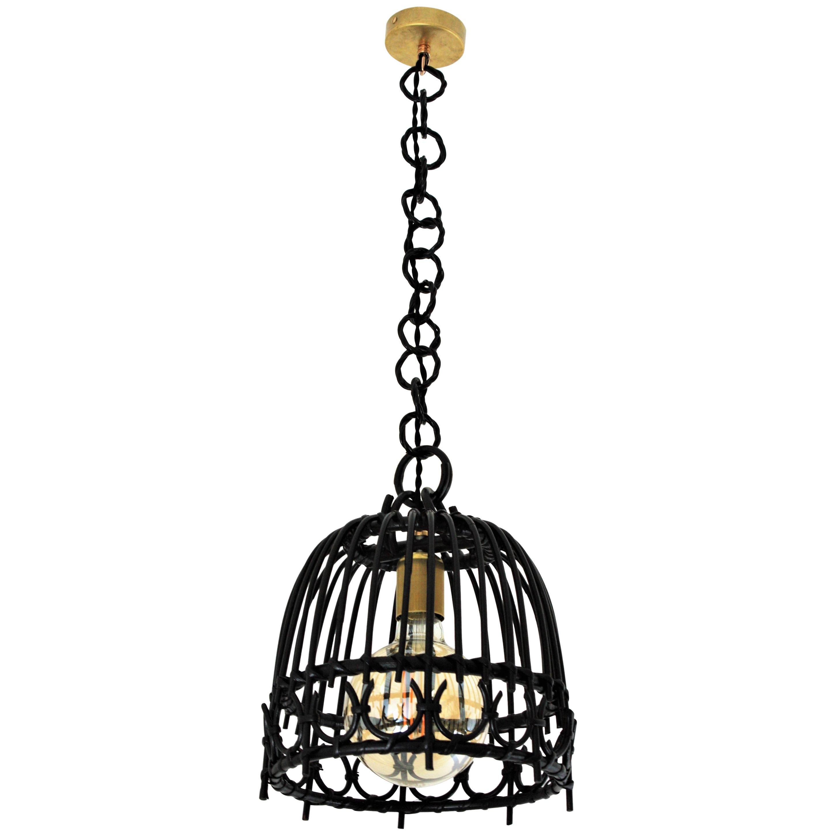 Rattan Bell Pendant or Hanging Light in Black Patina, Spain, 1960s