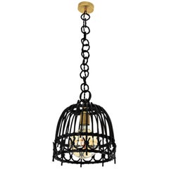 Rattan Bell Pendant or Hanging Light in Black Patina, Spain, 1960s