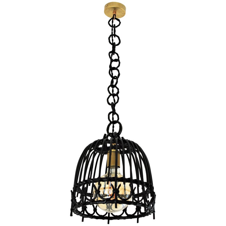 Rattan Bell Pendant or Hanging Light in Black Patina, Spain, 1960s For Sale  at 1stDibs