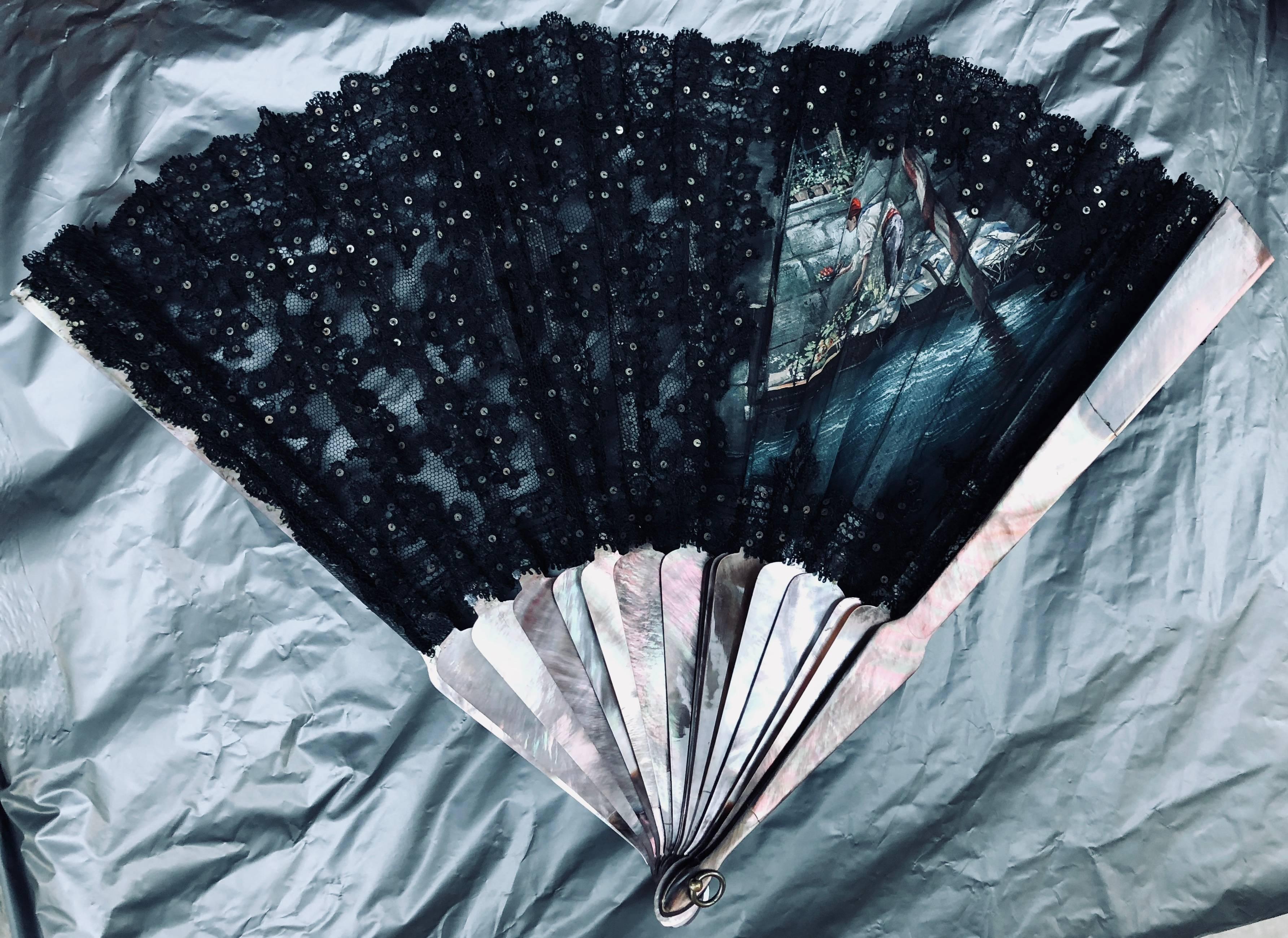 Black Painted Mother-of-Pearl Romantic Scene Fan In Excellent Condition In Sofia, BG