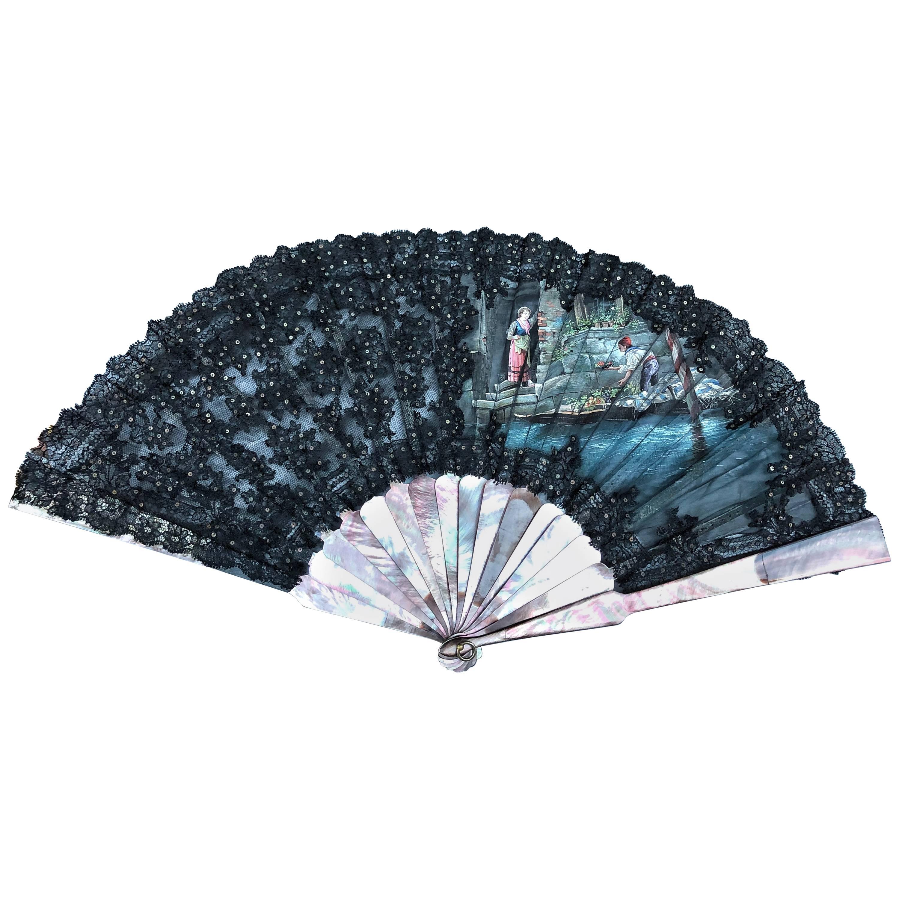 Black Painted Mother-of-Pearl Romantic Scene Fan