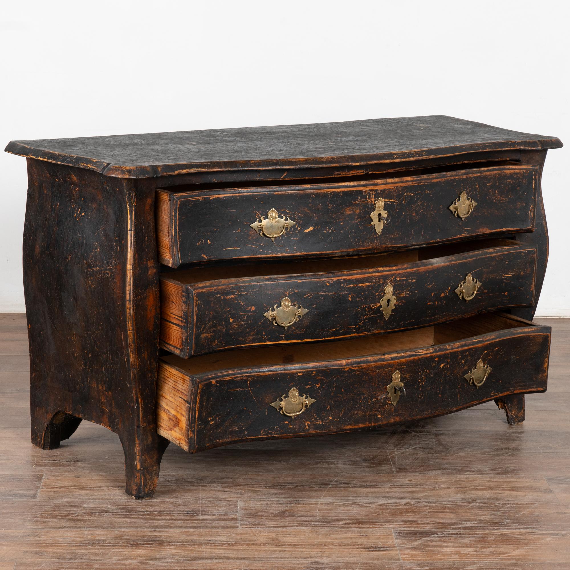 Rococo Black Painted Pine Bombay Chest of Drawers, Sweden circa 1750-1850