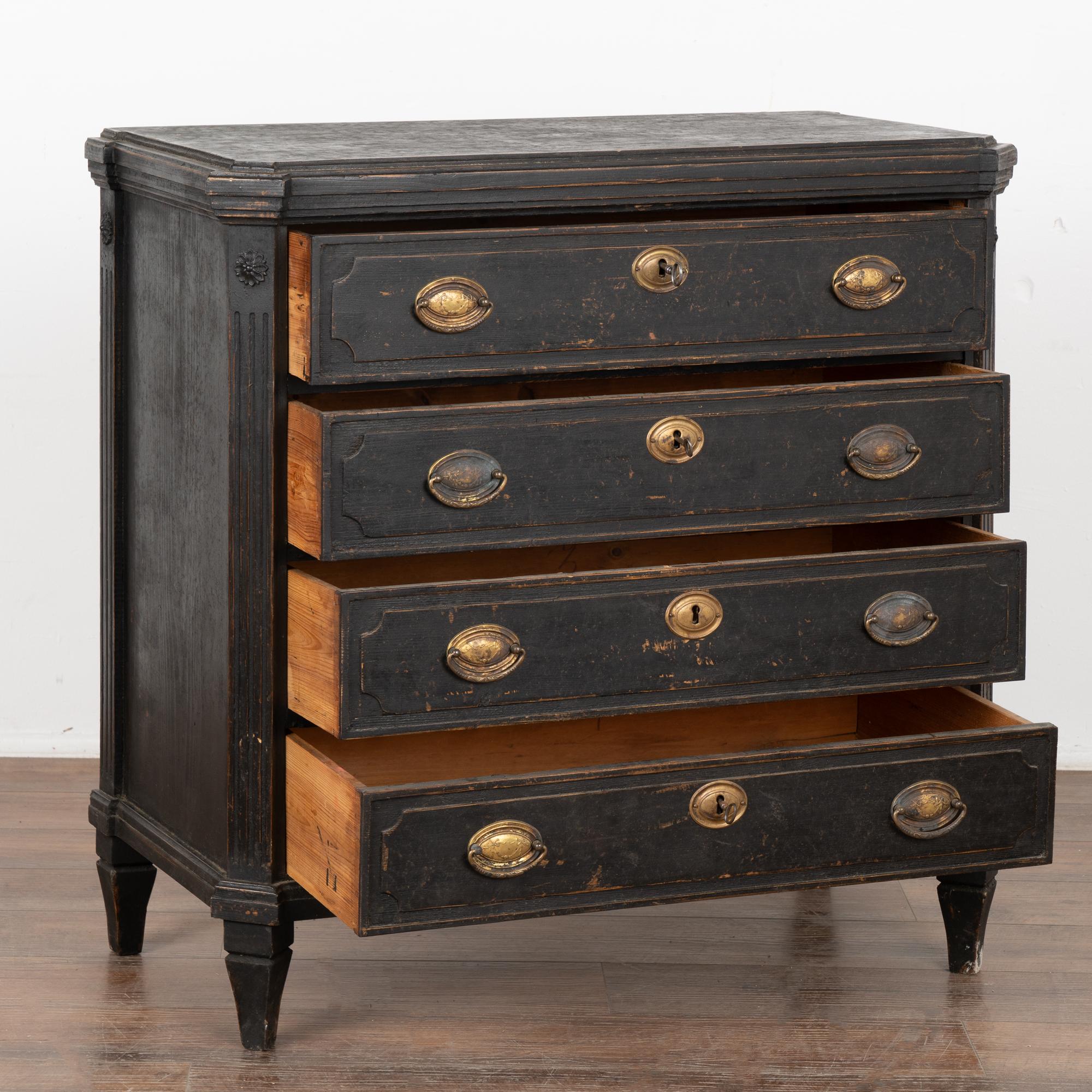 Gustavian Black Painted Pine Chest of Four Drawers, Sweden circa 1840-60 For Sale